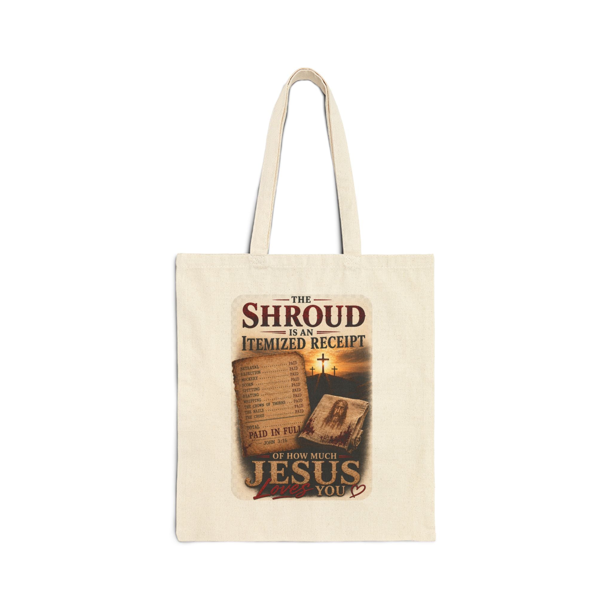 Canvas Tote Bag - 'The Shroud an Itemized Receipt' Religious Jesus Quote Tote for Church, Easter & Faith Gifts