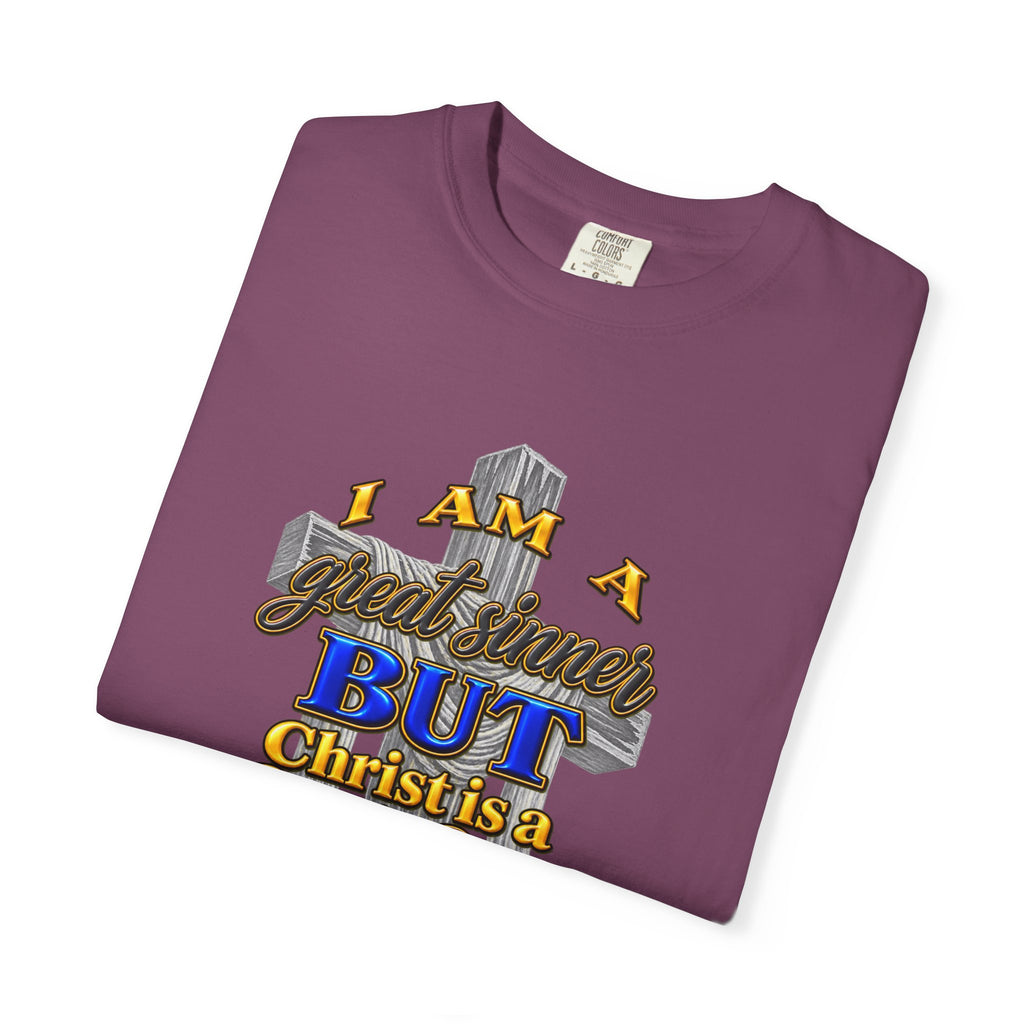 Christian Graphic T-Shirt — "I Am A Great Sinner But Christ Is A Great Savior" (Full Armor of God)