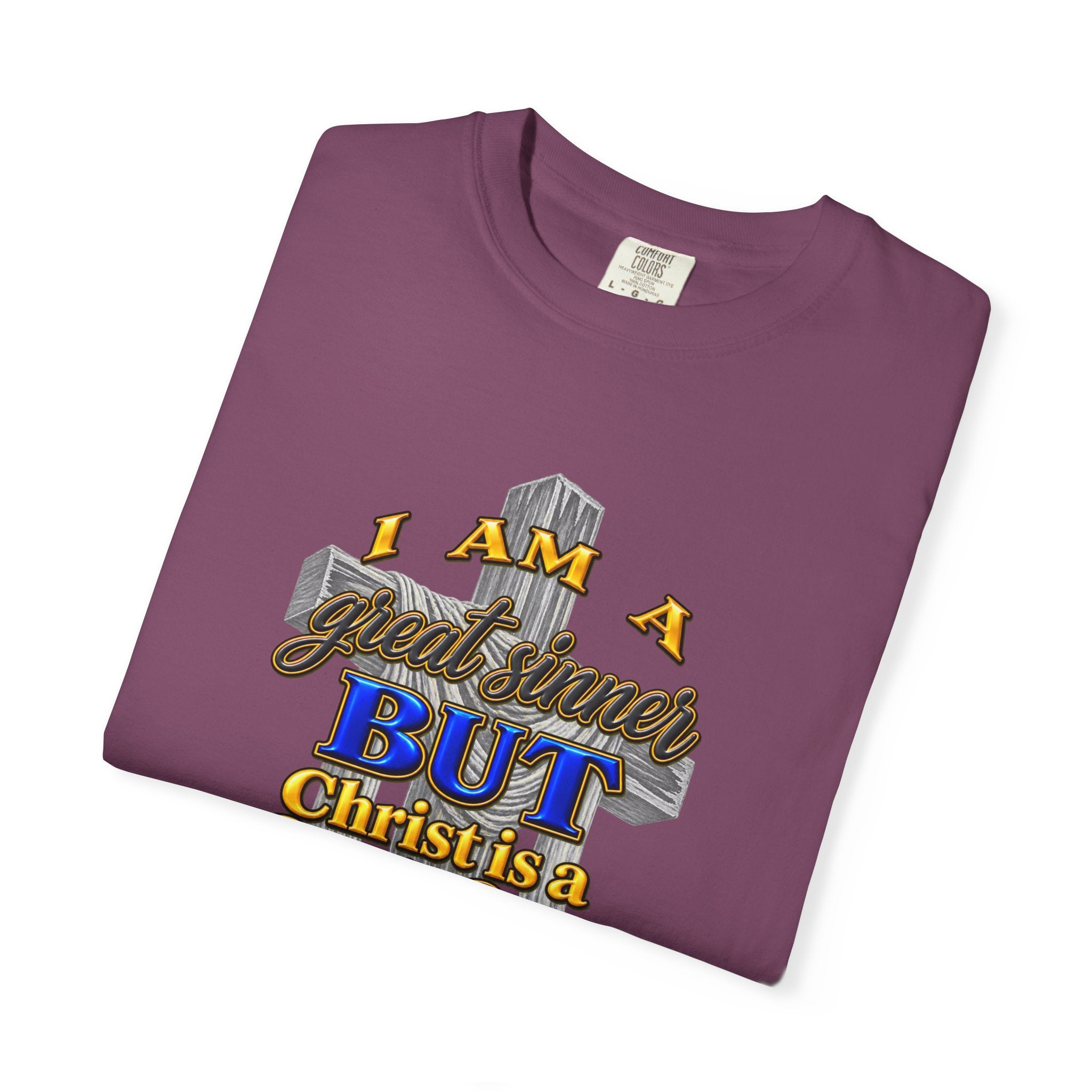 Christian Graphic T-Shirt — "I Am A Great Sinner But Christ Is A Great Savior" (Full Armor of God)