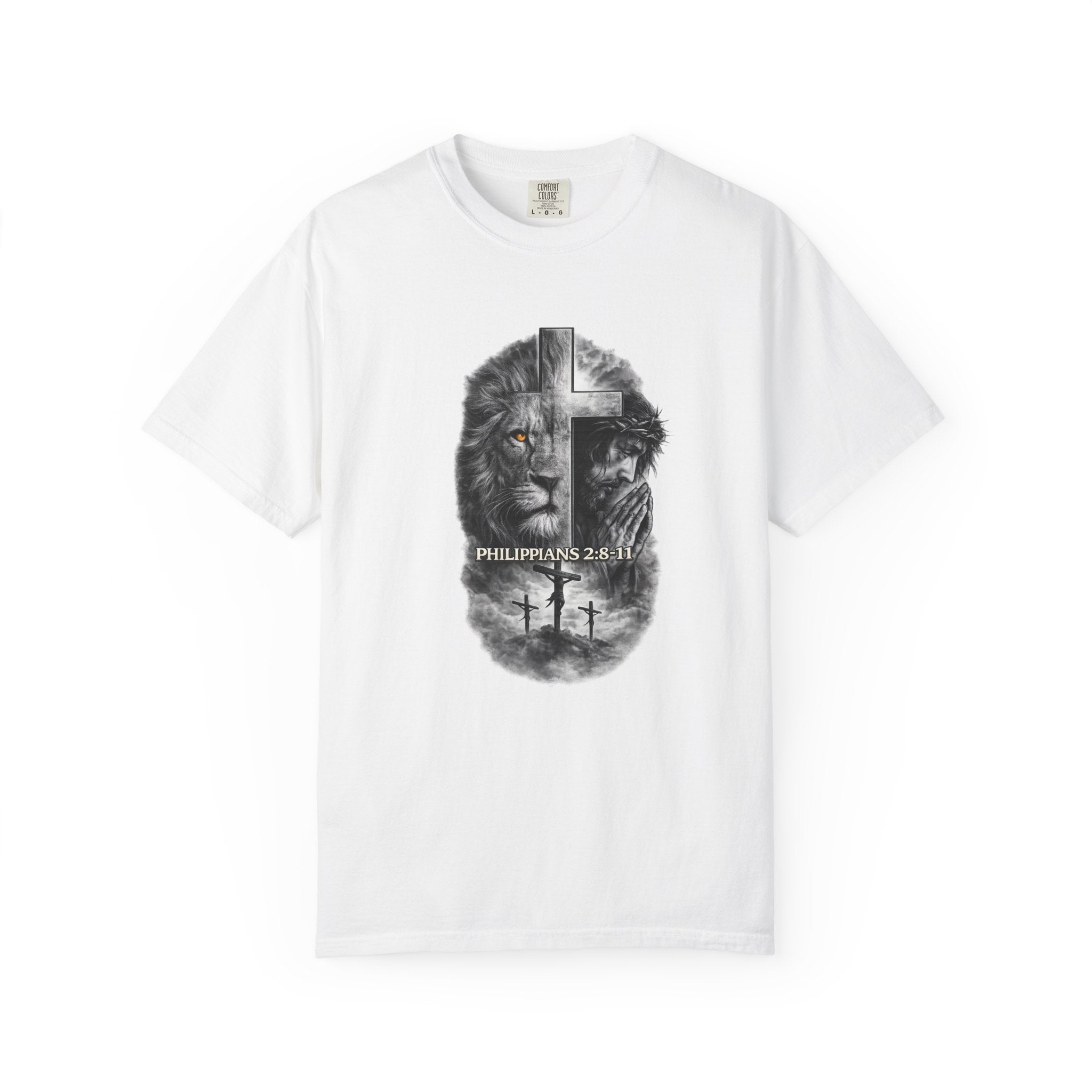 Christian Lion Cross T-Shirt — Philippians 2:8 Faith Graphic Tee