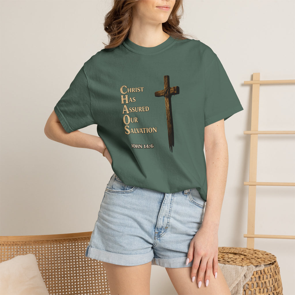 Christian Cross T-Shirt — "Christ Has Answered Our Salvation" Faith Tee (Back: "Full Armor of God")