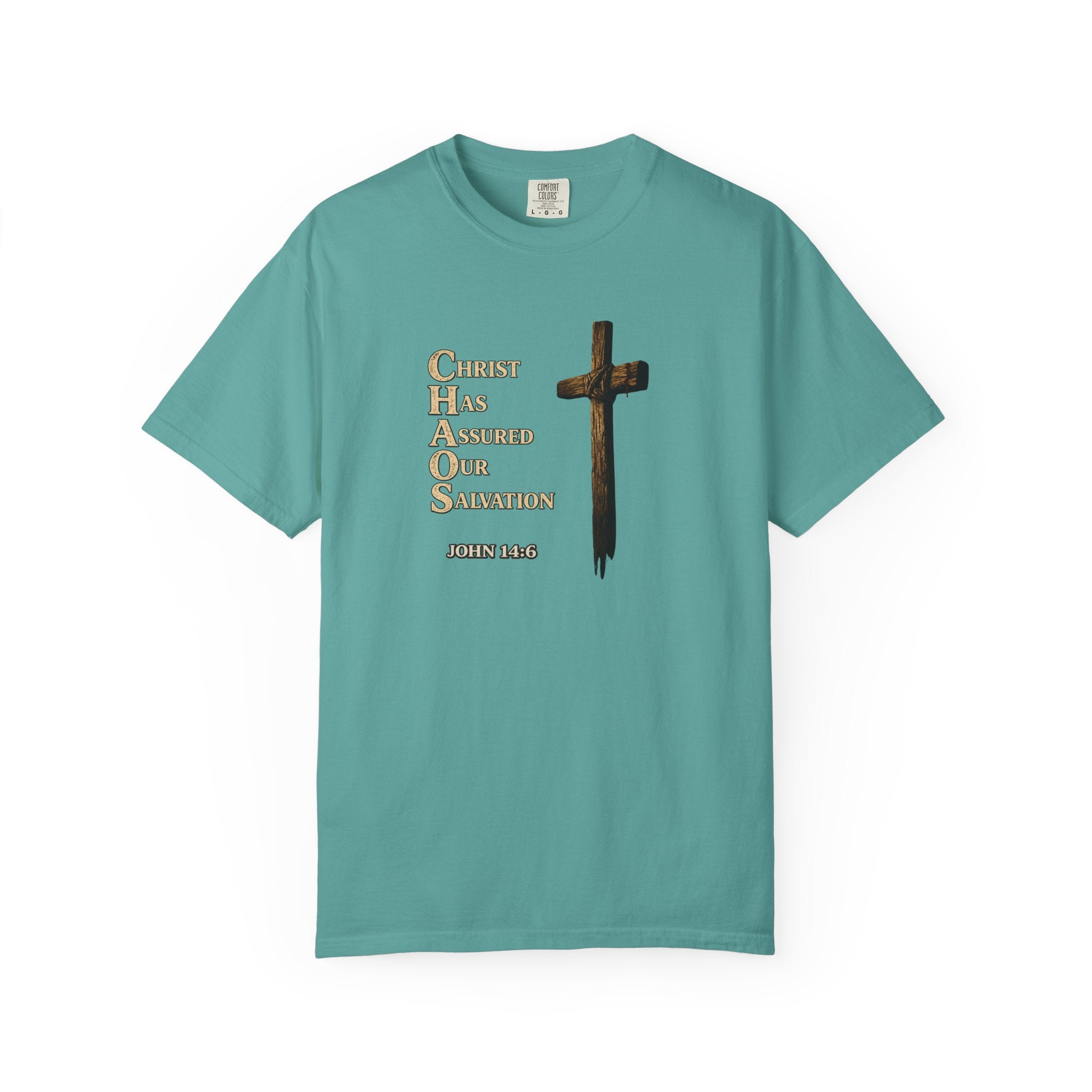 Christian Cross T-Shirt — "Christ Has Answered Our Salvation" Faith Tee (Back: "Full Armor of God")