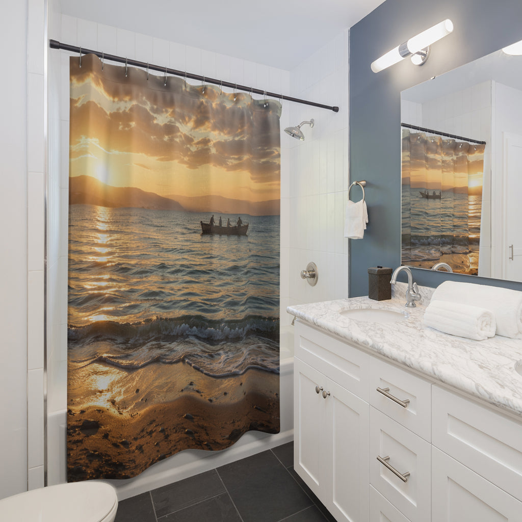 Sunset Fishing Shower Curtain – Tranquil Seascape Bathroom Decor