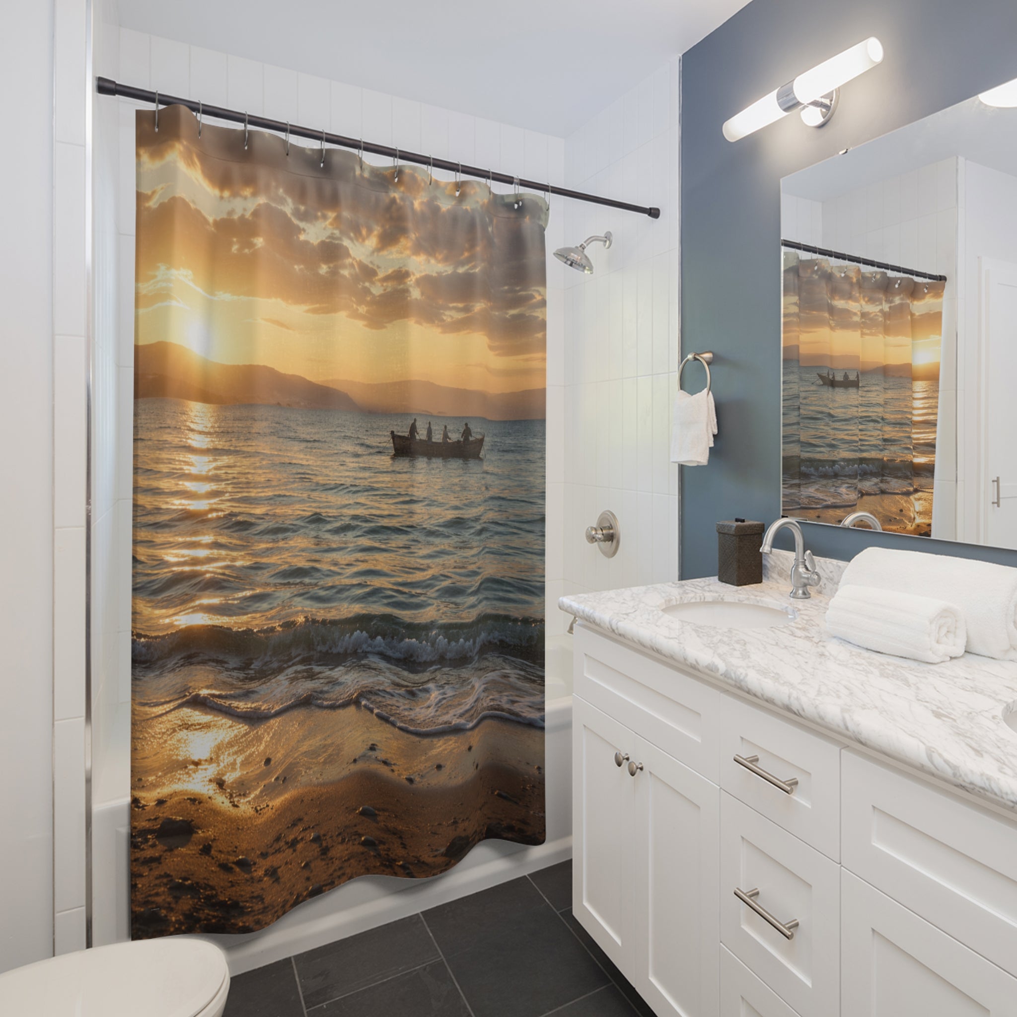 Sunset Fishing Shower Curtain – Tranquil Seascape Bathroom Decor