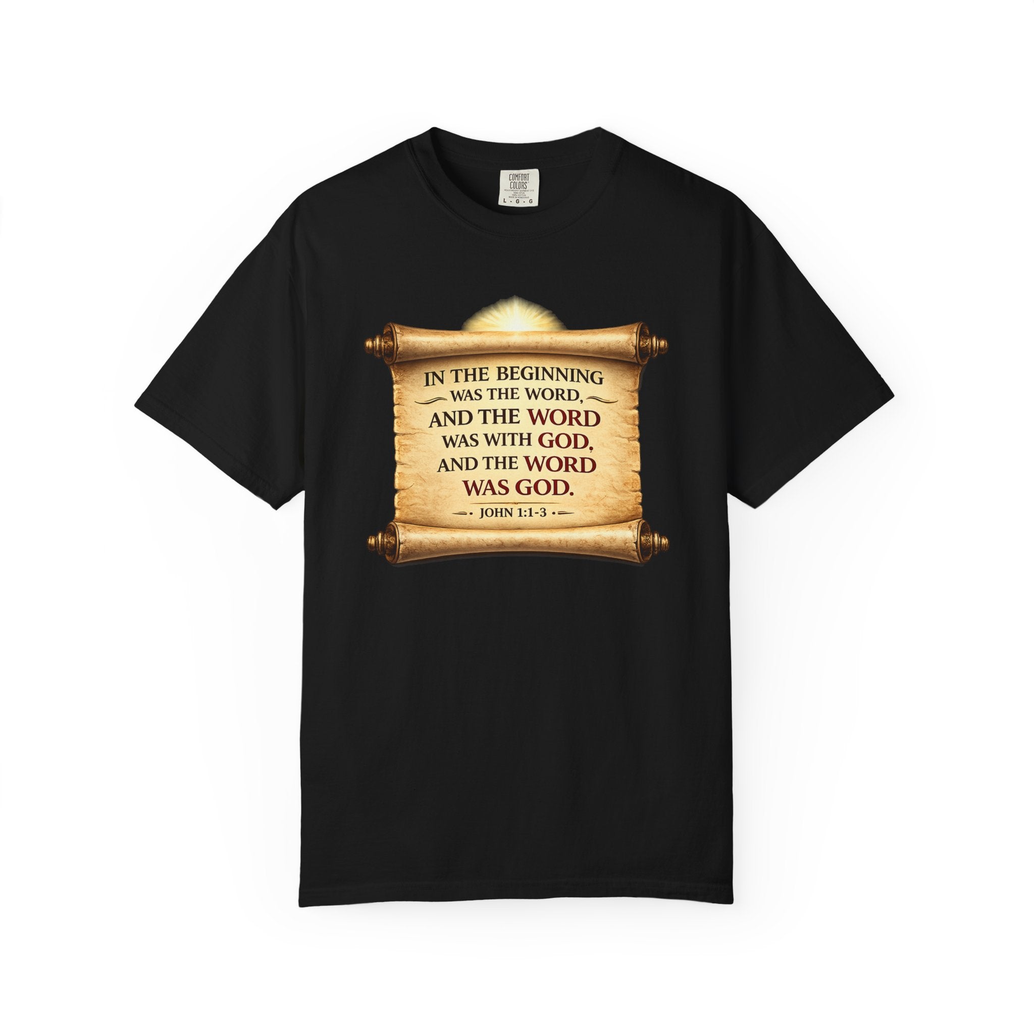 T-shirt — "In the Beginning Was the Word" John 1:1 Scroll Christian Tee