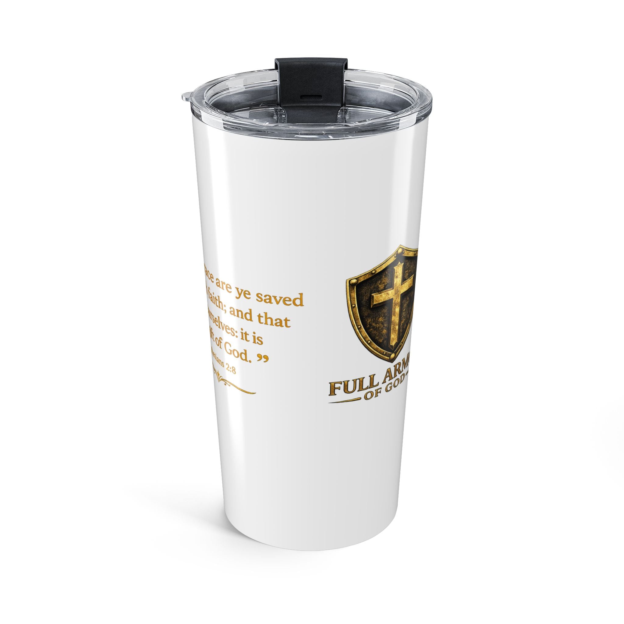 Saved by Grace 20oz Christian Tumbler — Faith Quote & Shield Design