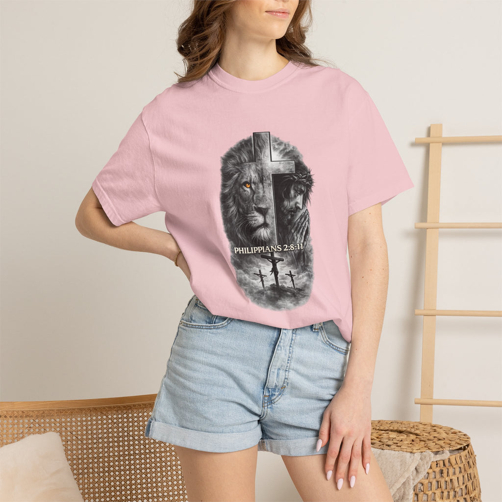 Christian Lion Cross T-Shirt — Philippians 2:8 Faith Graphic Tee