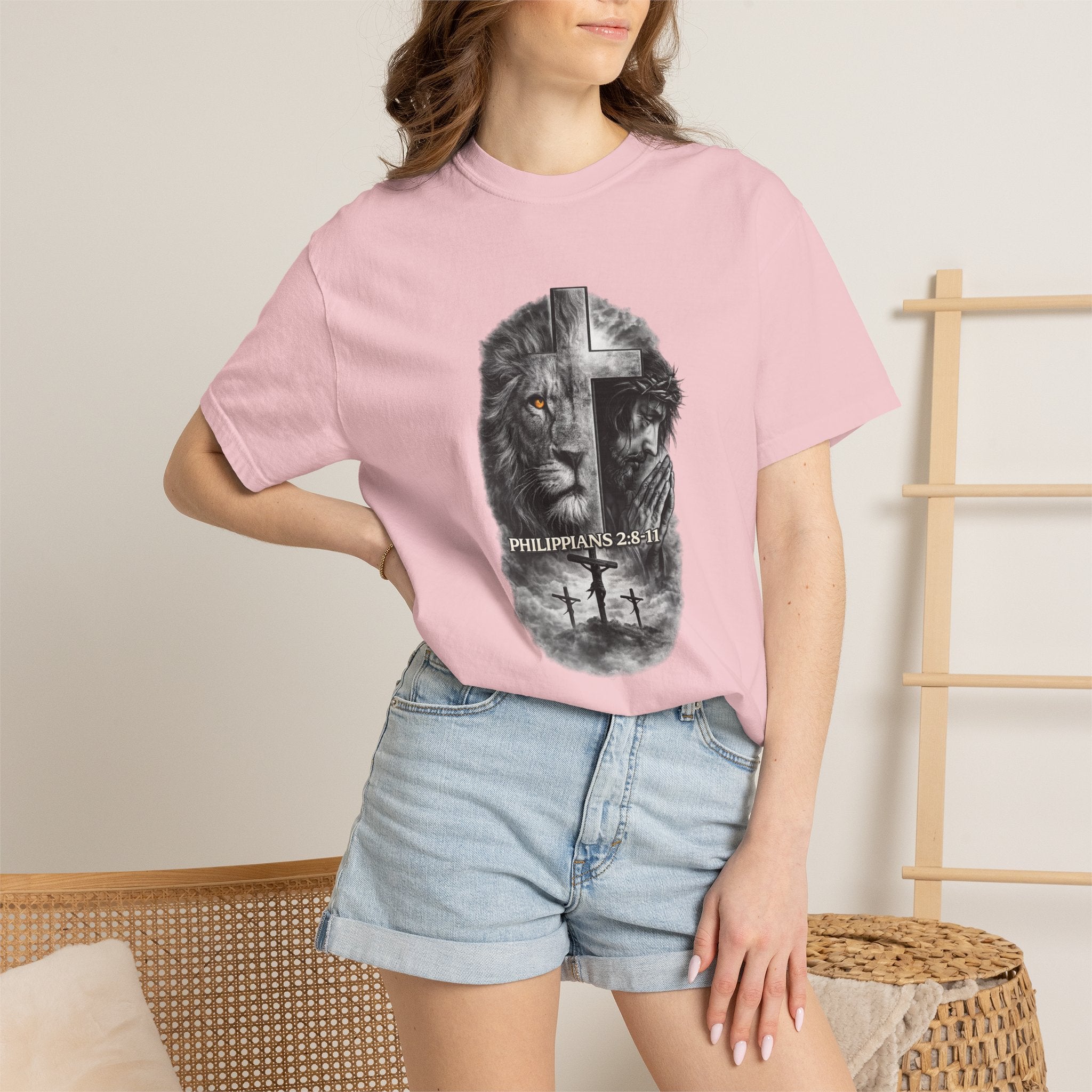 Christian Lion Cross T-Shirt — Philippians 2:8 Faith Graphic Tee