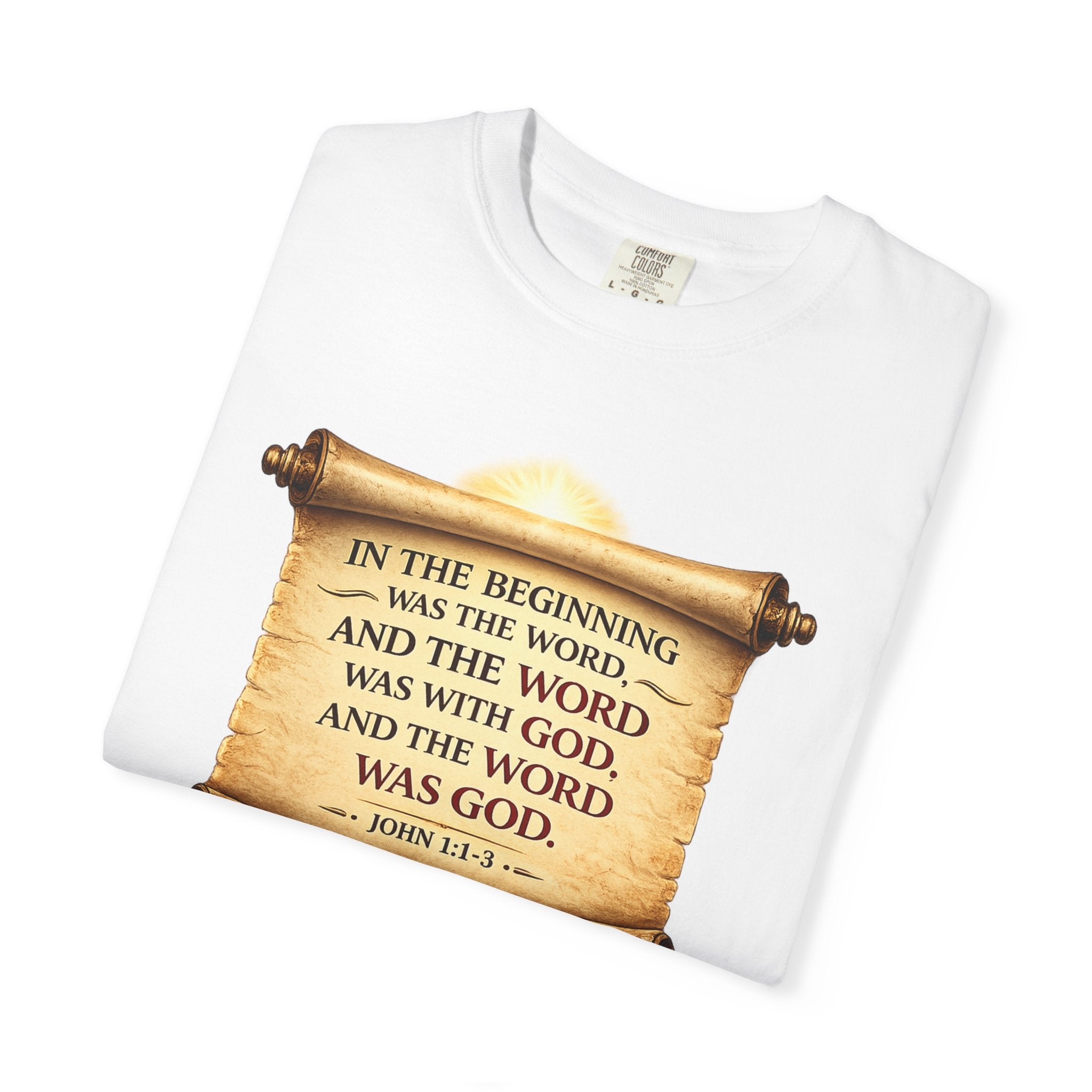 T-shirt — "In the Beginning Was the Word" John 1:1 Scroll Christian Tee
