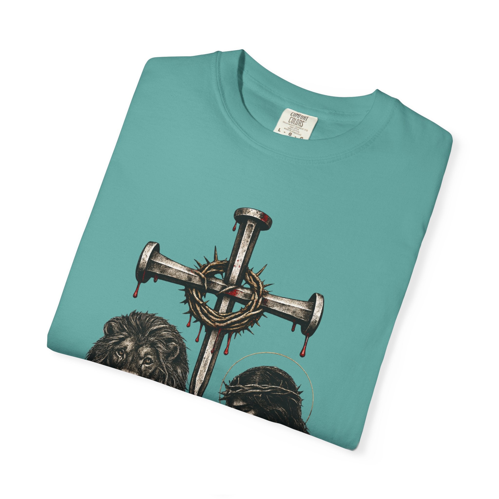 Revelation 5:5 Christian T-Shirt — Lion & Lamb Cross Design
