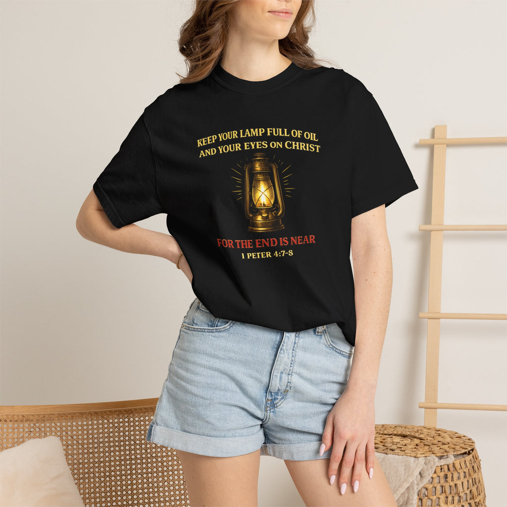 Christian Lantern T-Shirt — "Keep Your Lamp Full of Oil" Scripture Tee