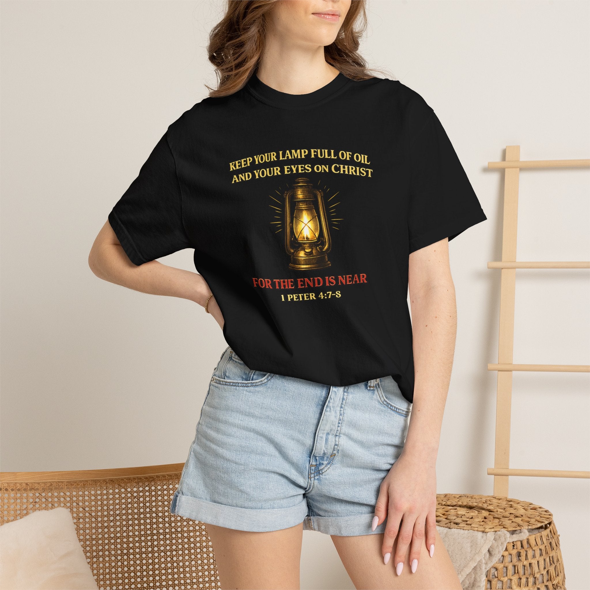 Christian Lantern T-Shirt — "Keep Your Lamp Full of Oil" Scripture Tee