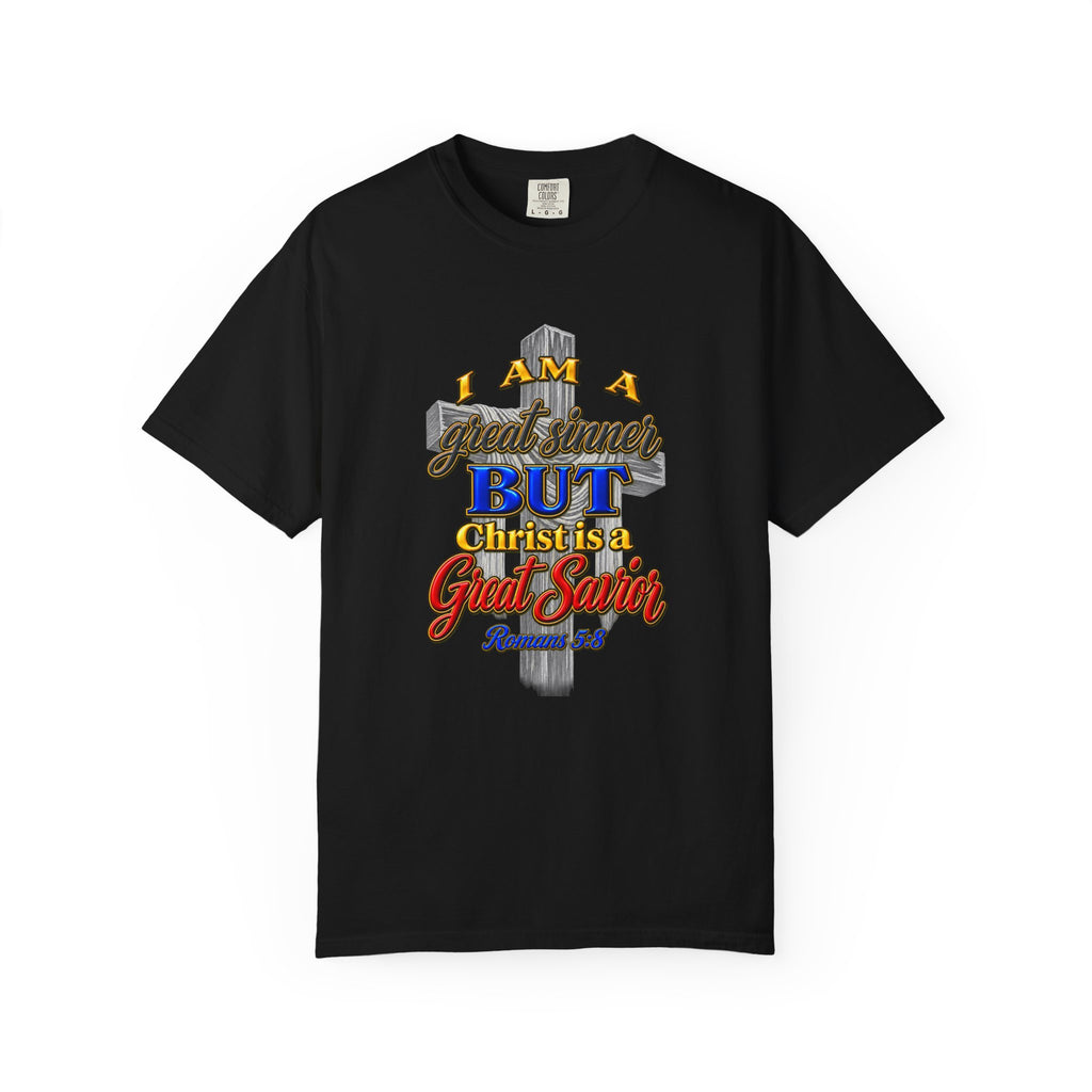 Christian Graphic T-Shirt — "I Am A Great Sinner But Christ Is A Great Savior" (Full Armor of God)