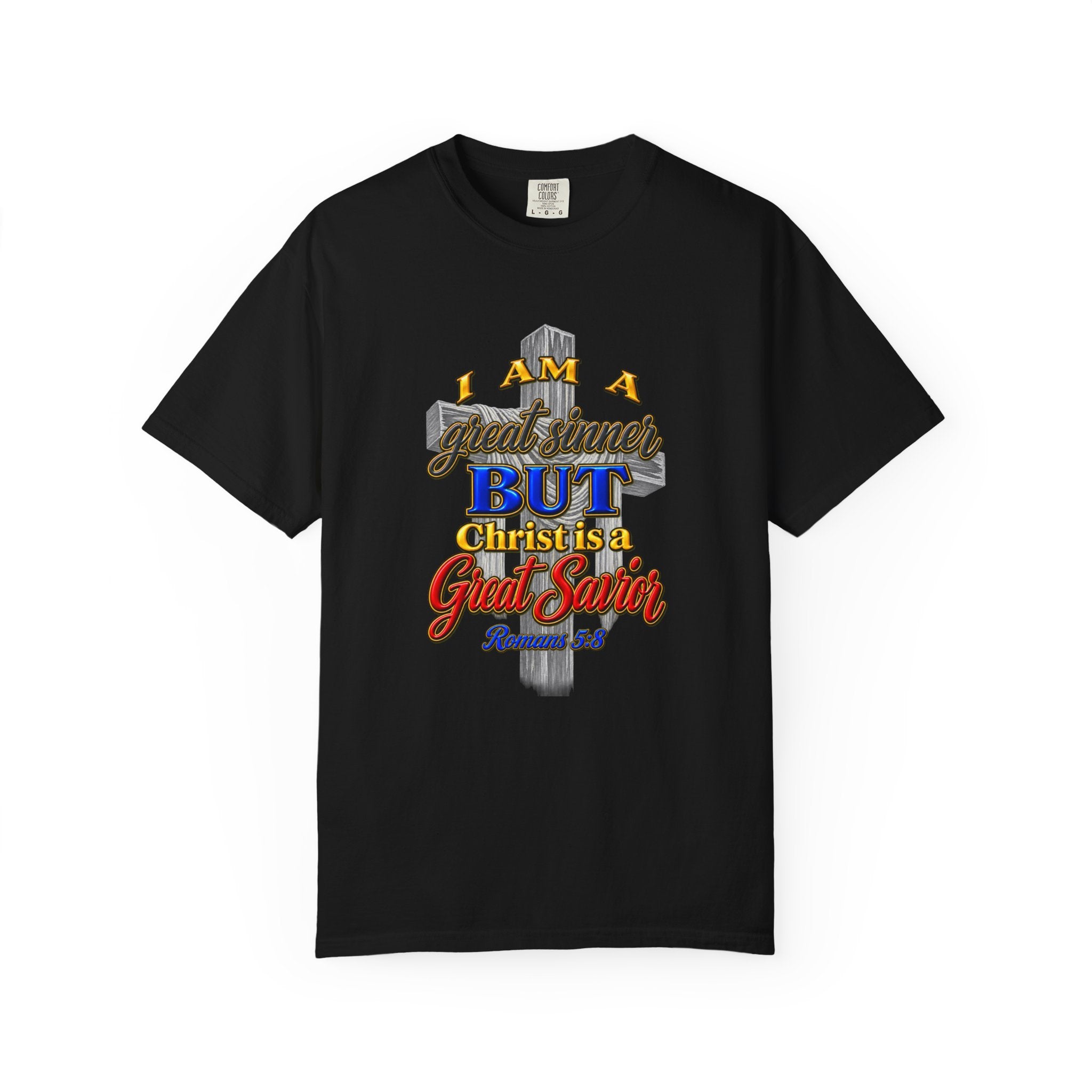 Christian Graphic T-Shirt — "I Am A Great Sinner But Christ Is A Great Savior" (Full Armor of God)