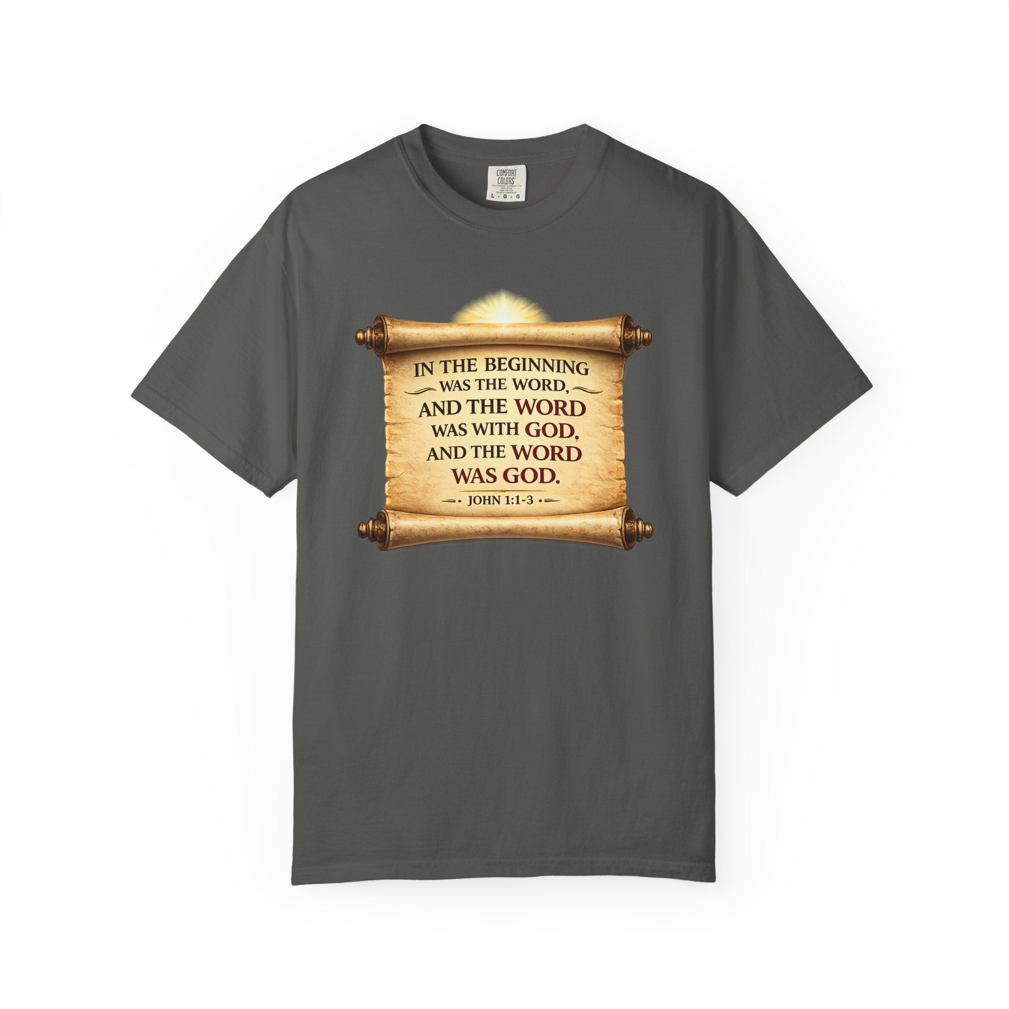 T-shirt — "In the Beginning Was the Word" John 1:1 Scroll Christian Tee