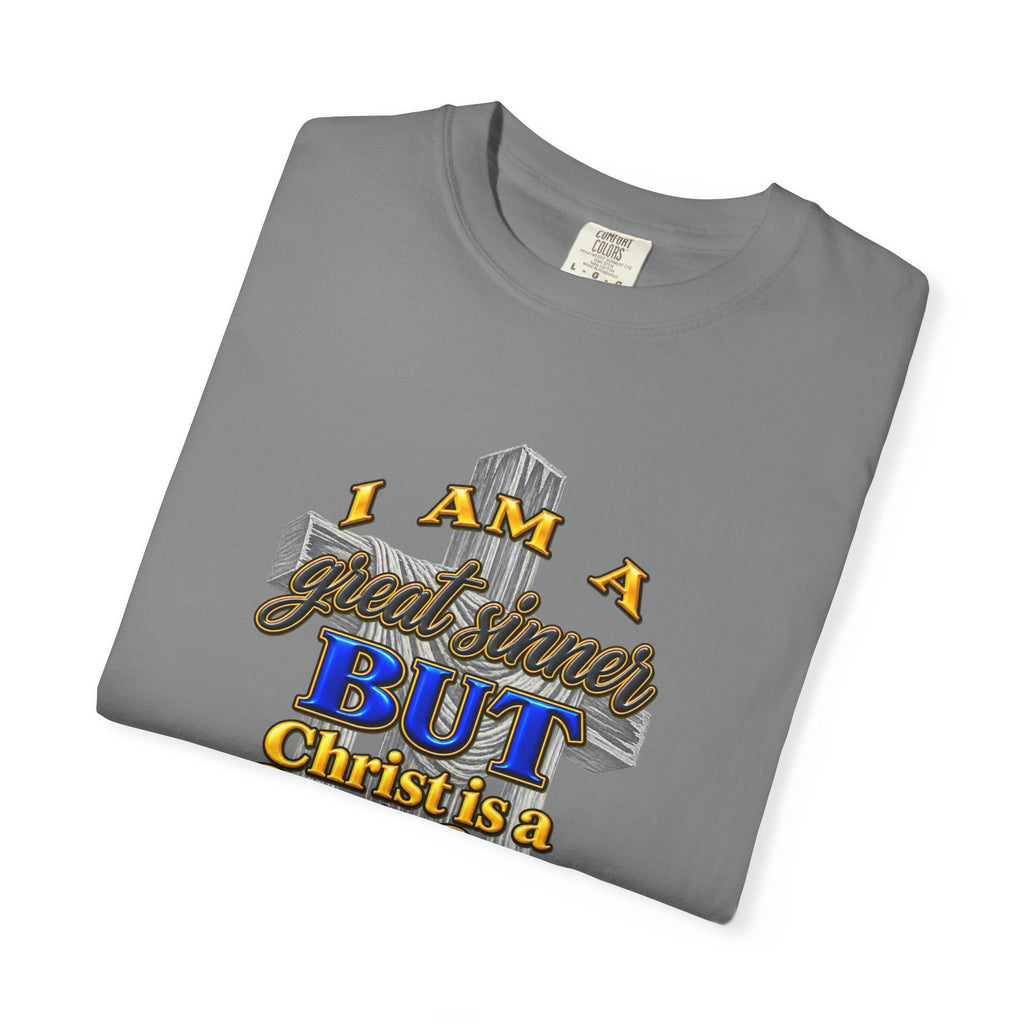 Christian Graphic T-Shirt — "I Am A Great Sinner But Christ Is A Great Savior" (Full Armor of God)
