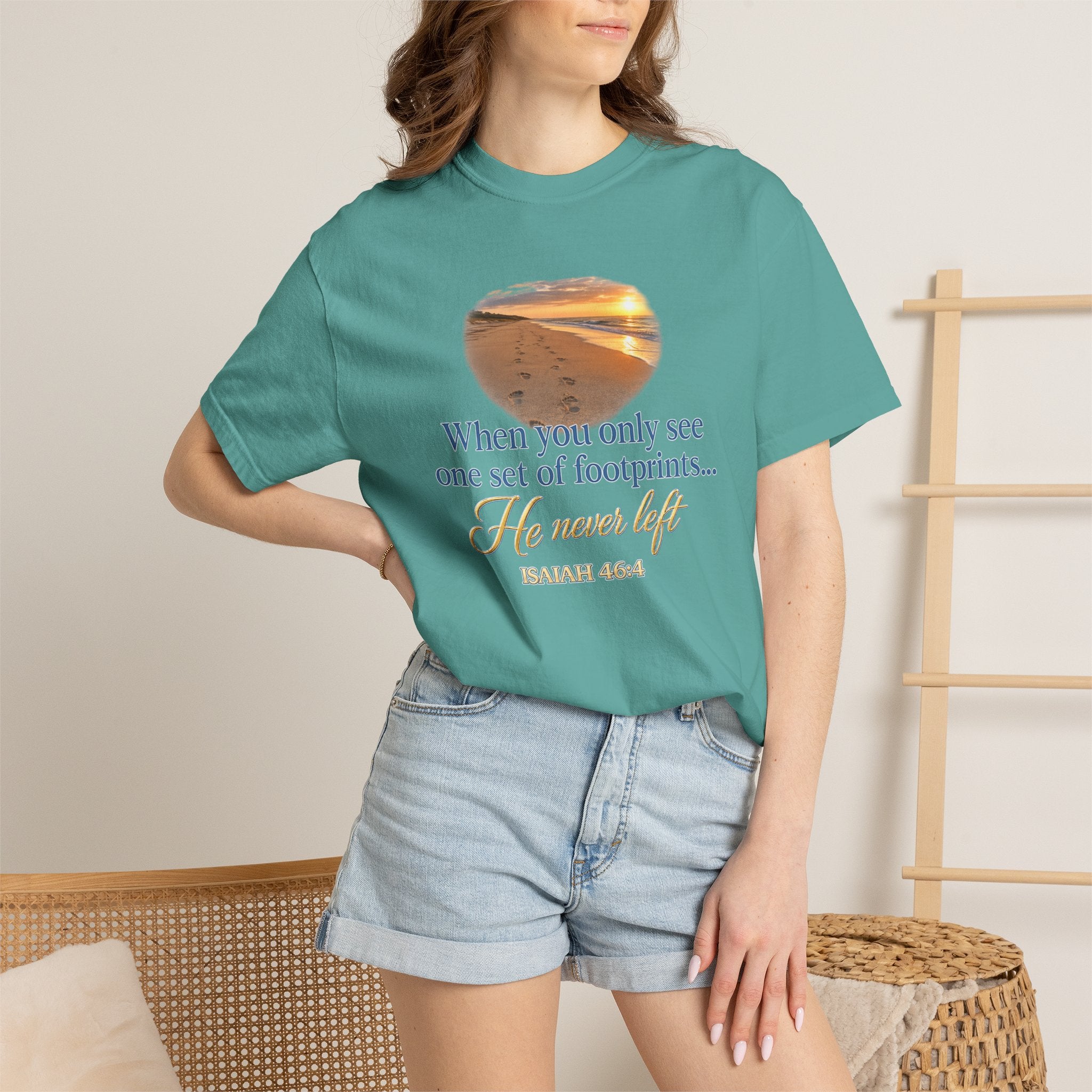 Footprints Bible Verse T-Shirt — "When You Only See One Set of Footprints... He Never Left"