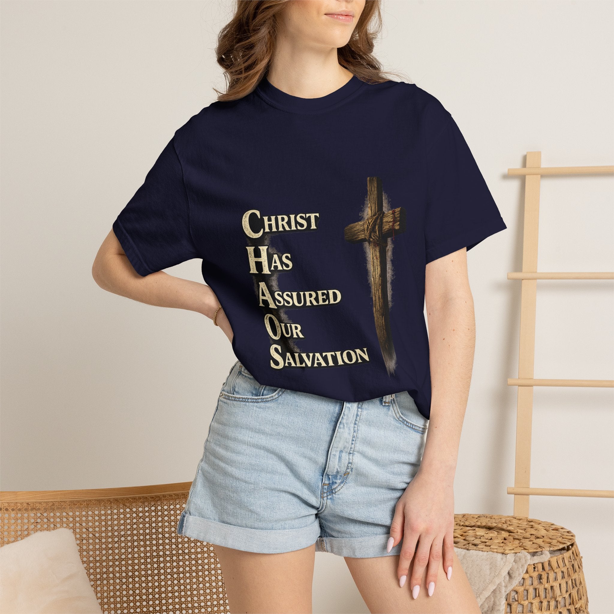 Christian Cross T‑Shirt — "CHAOS: Christ Has Assured Our Salvation" Faith Tee