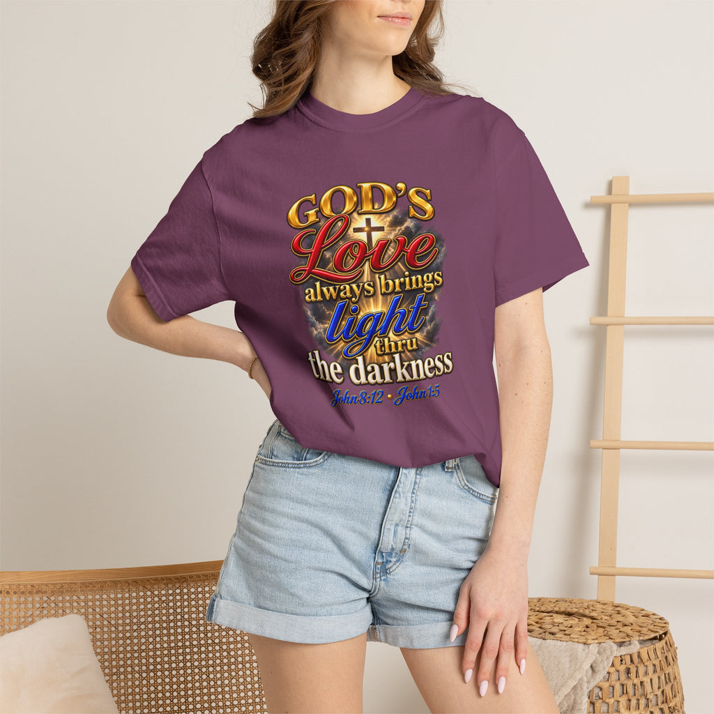Christian Faith T-Shirt – “God’s Love Always Brings Light” Scripture Tee (John 8:12)