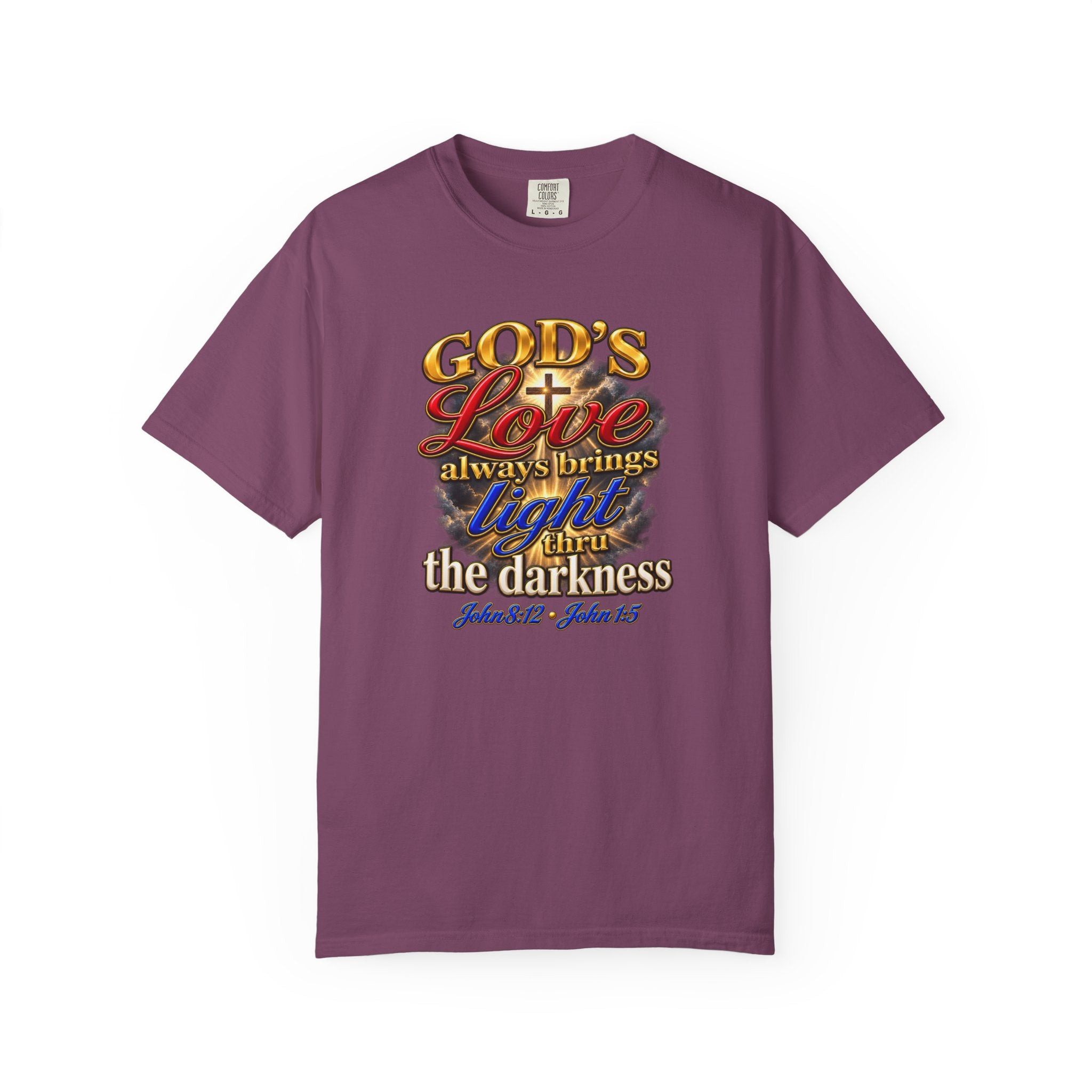 Christian Faith T-Shirt – “God’s Love Always Brings Light” Scripture Tee (John 8:12)