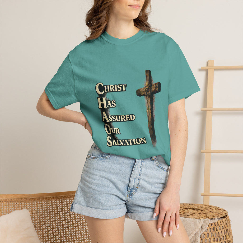 Christian Cross T‑Shirt — "CHAOS: Christ Has Assured Our Salvation" Faith Tee