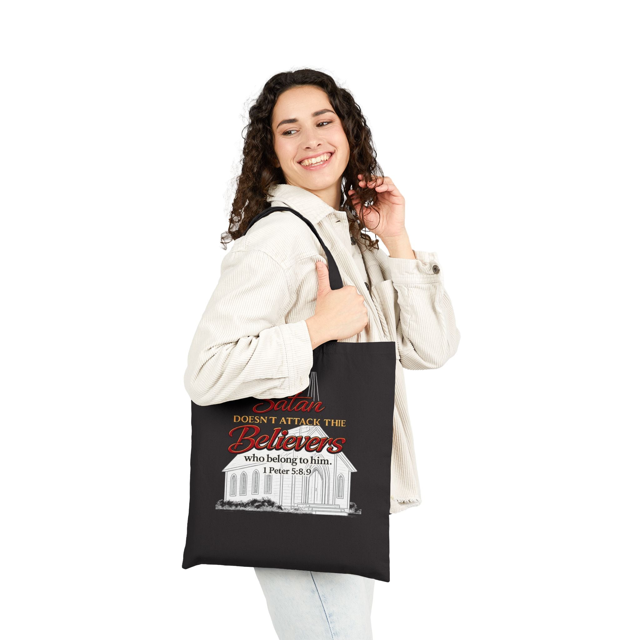 Christian Scripture Tote Bag – “Satan Doesn’t Attack the Believers” Canvas Grocery & Church Tote