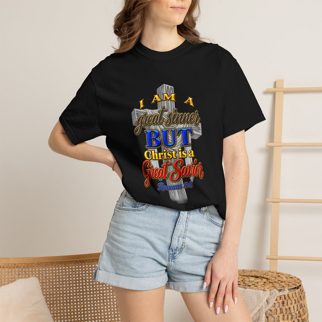 Christian Graphic T-Shirt — "I Am A Great Sinner But Christ Is A Great Savior" (Full Armor of God)