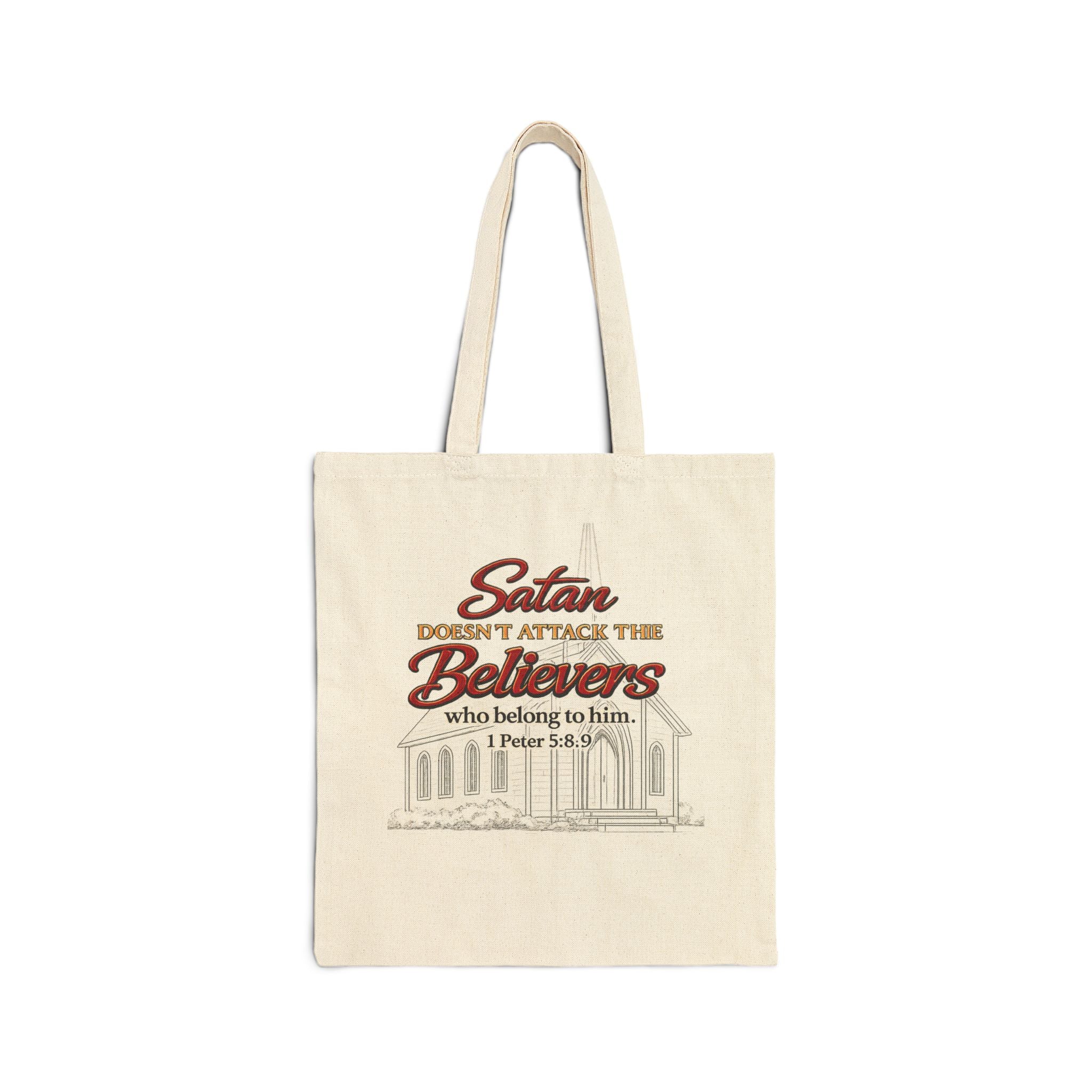 Christian Scripture Tote Bag – “Satan Doesn’t Attack the Believers” Canvas Grocery & Church Tote