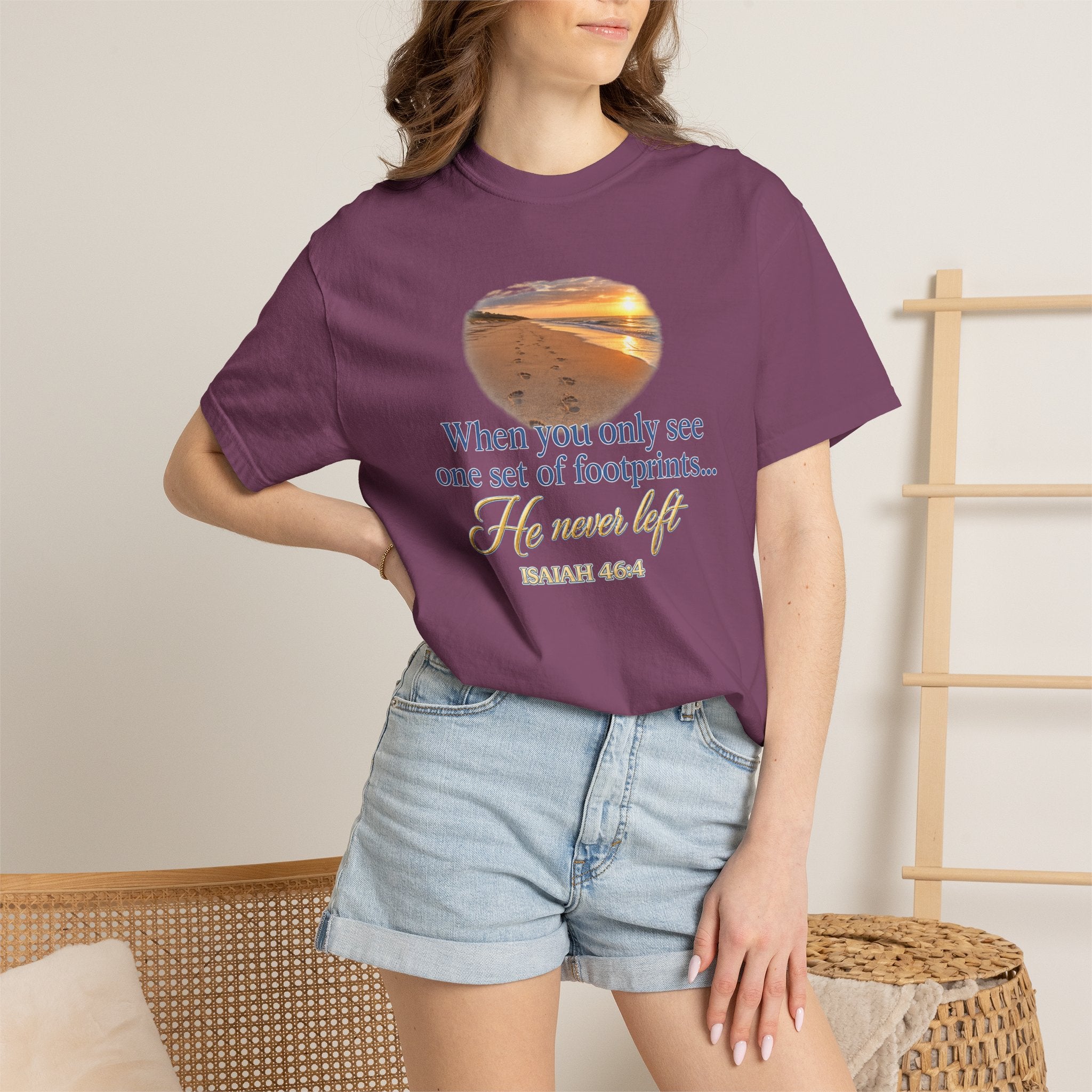 Footprints Bible Verse T-Shirt — "When You Only See One Set of Footprints... He Never Left"