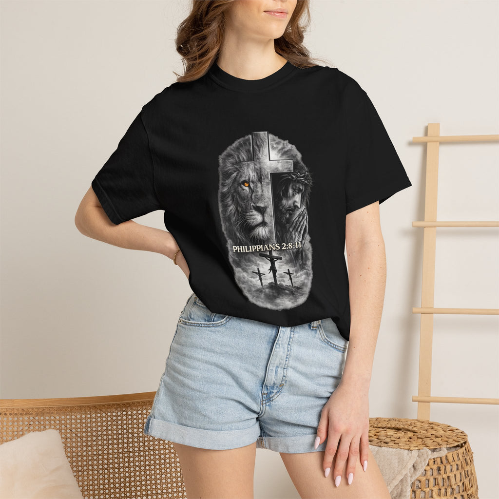 Christian Lion Cross T-Shirt — Philippians 2:8 Faith Graphic Tee