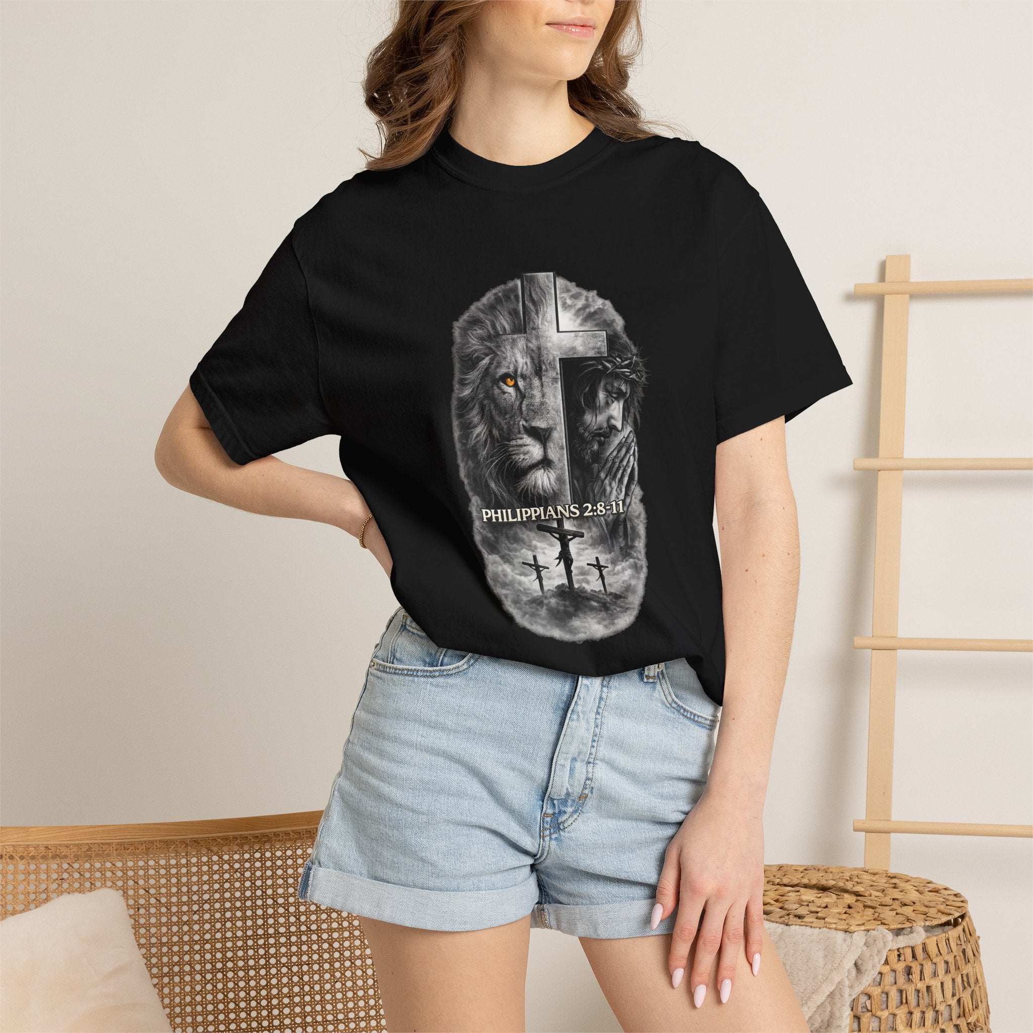 Christian Lion Cross T-Shirt — Philippians 2:8 Faith Graphic Tee