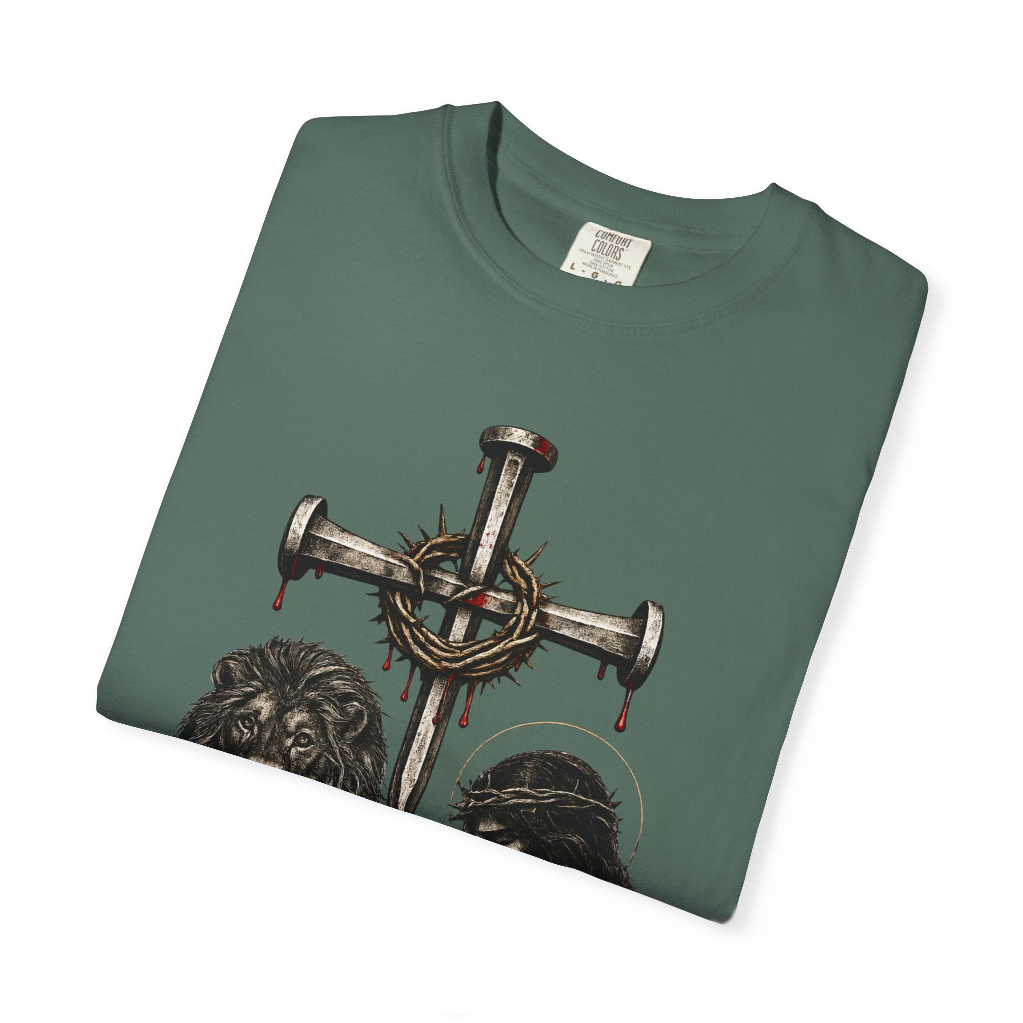 Revelation 5:5 Christian T-Shirt — Lion & Lamb Cross Design