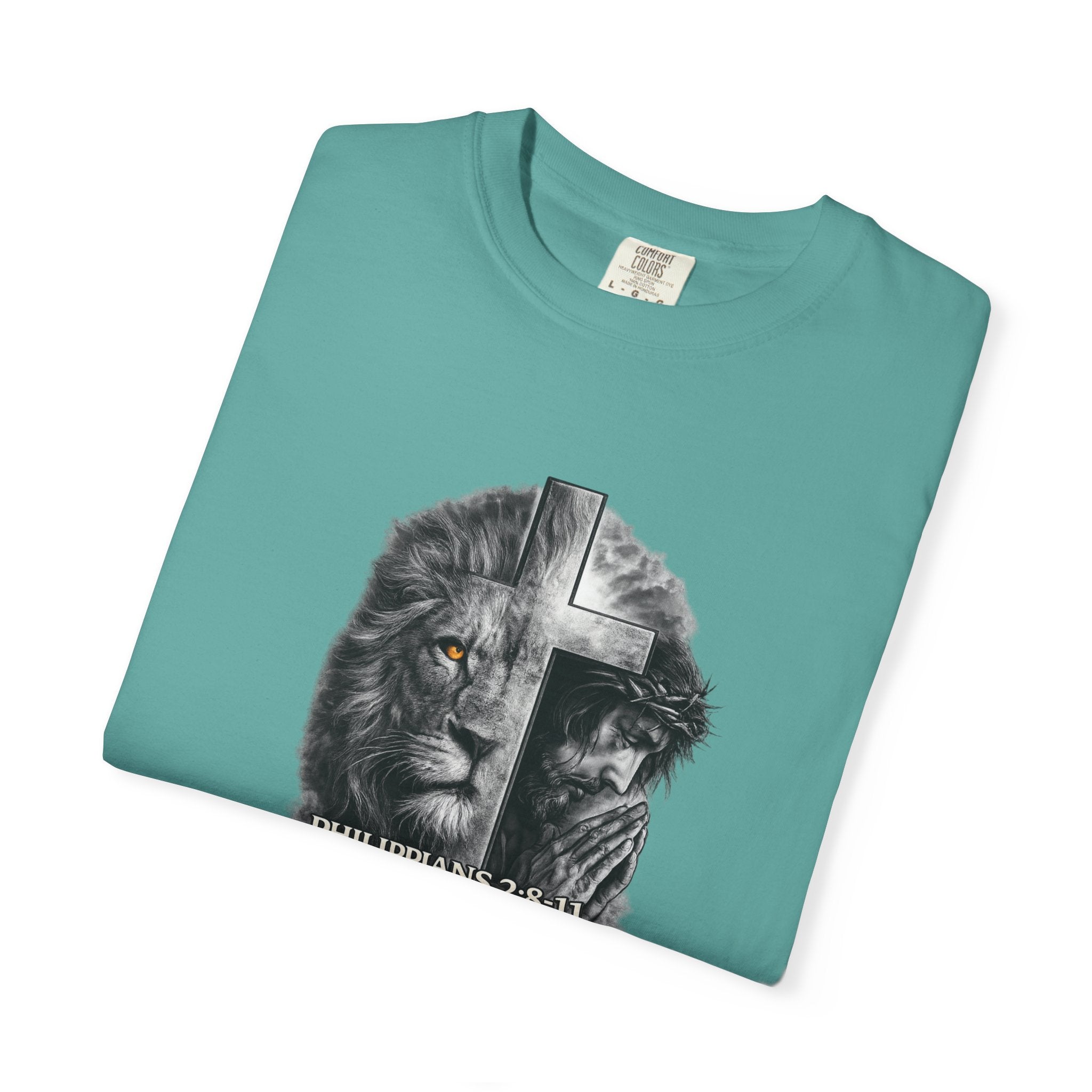 Christian Lion Cross T-Shirt — Philippians 2:8 Faith Graphic Tee