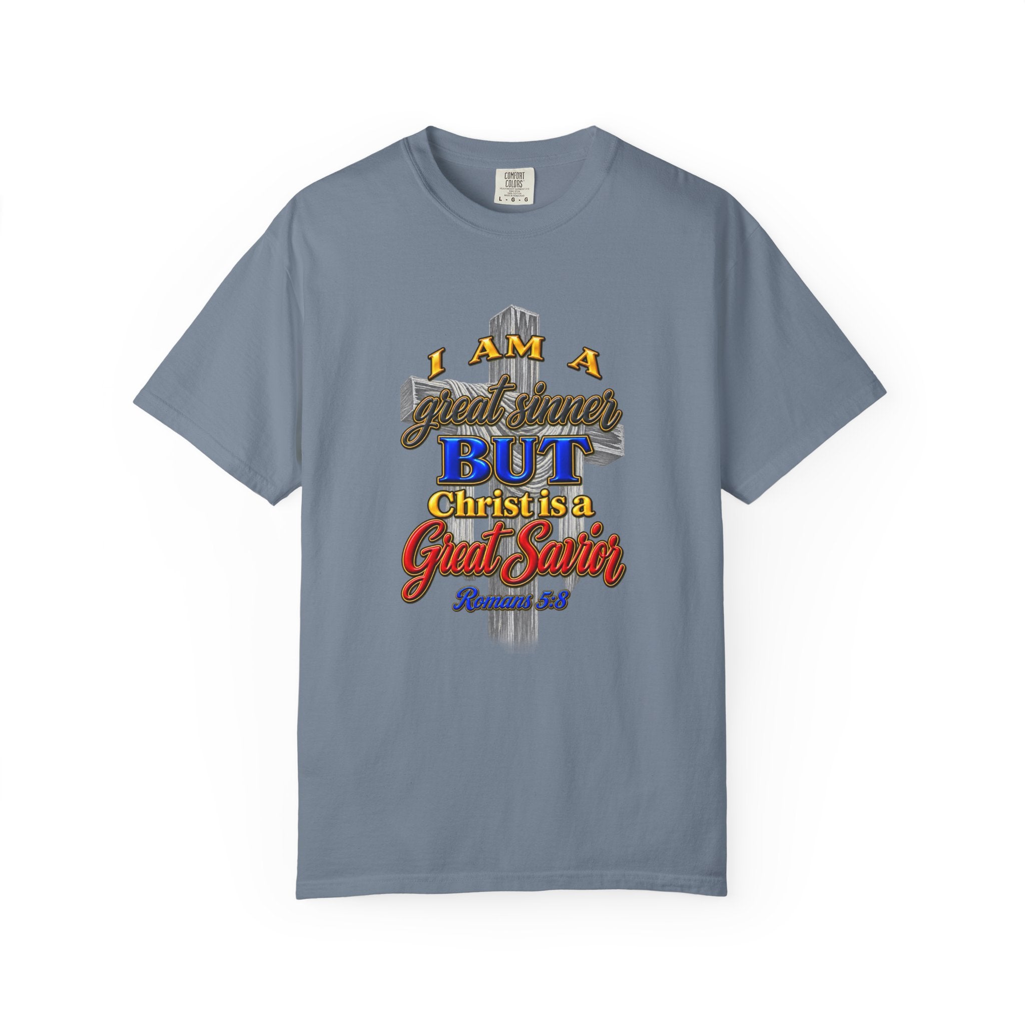 Christian Graphic T-Shirt — "I Am A Great Sinner But Christ Is A Great Savior" (Full Armor of God)