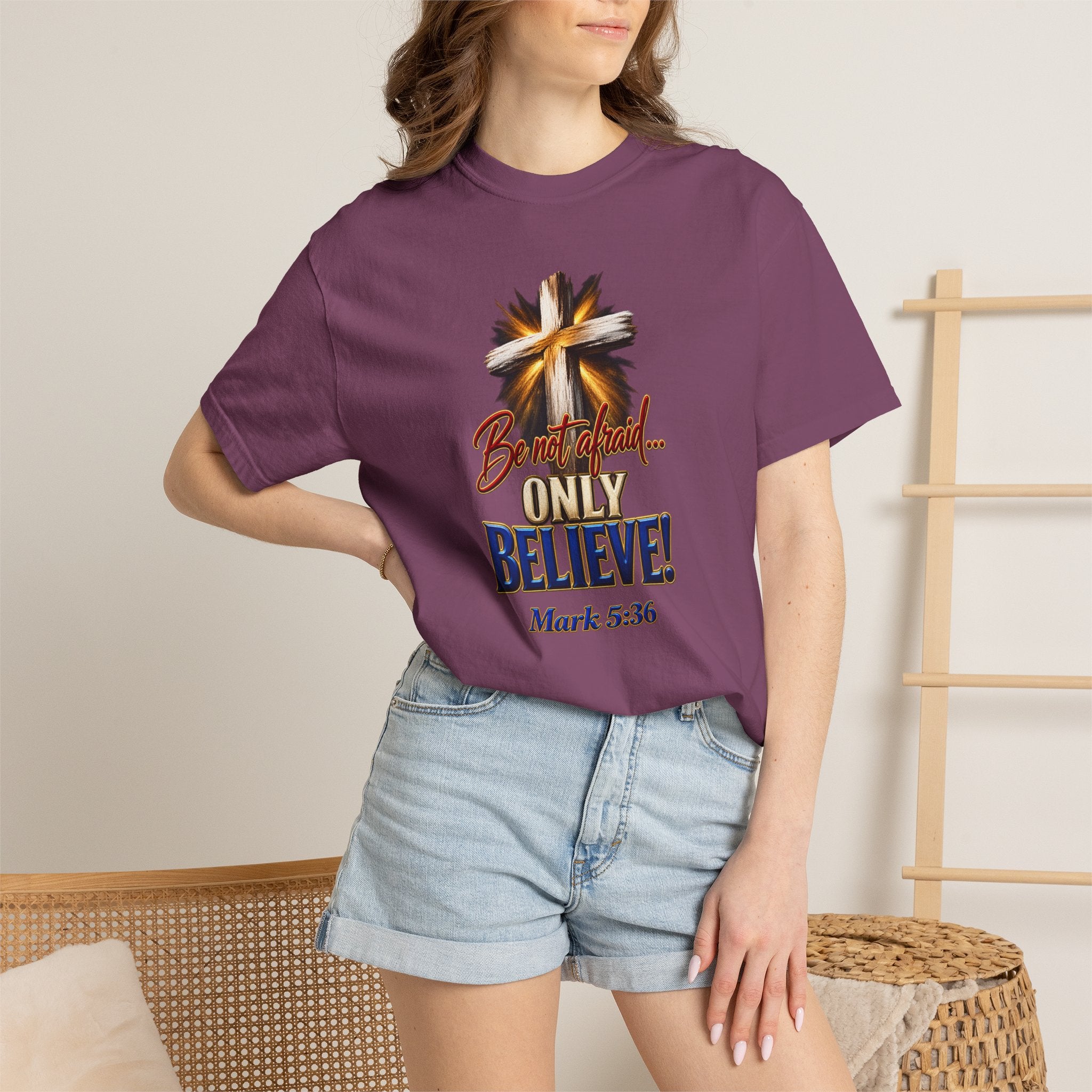 Only Believe Cross T-Shirt — Mark 5:36 Christian Faith Tee