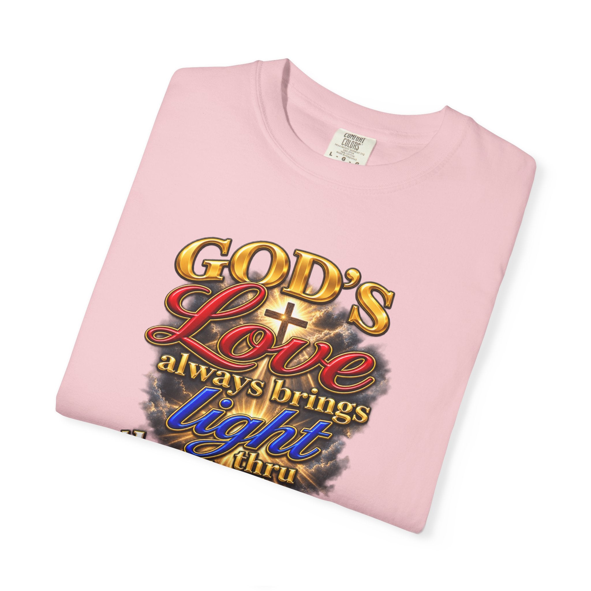 Christian Faith T-Shirt – “God’s Love Always Brings Light” Scripture Tee (John 8:12)