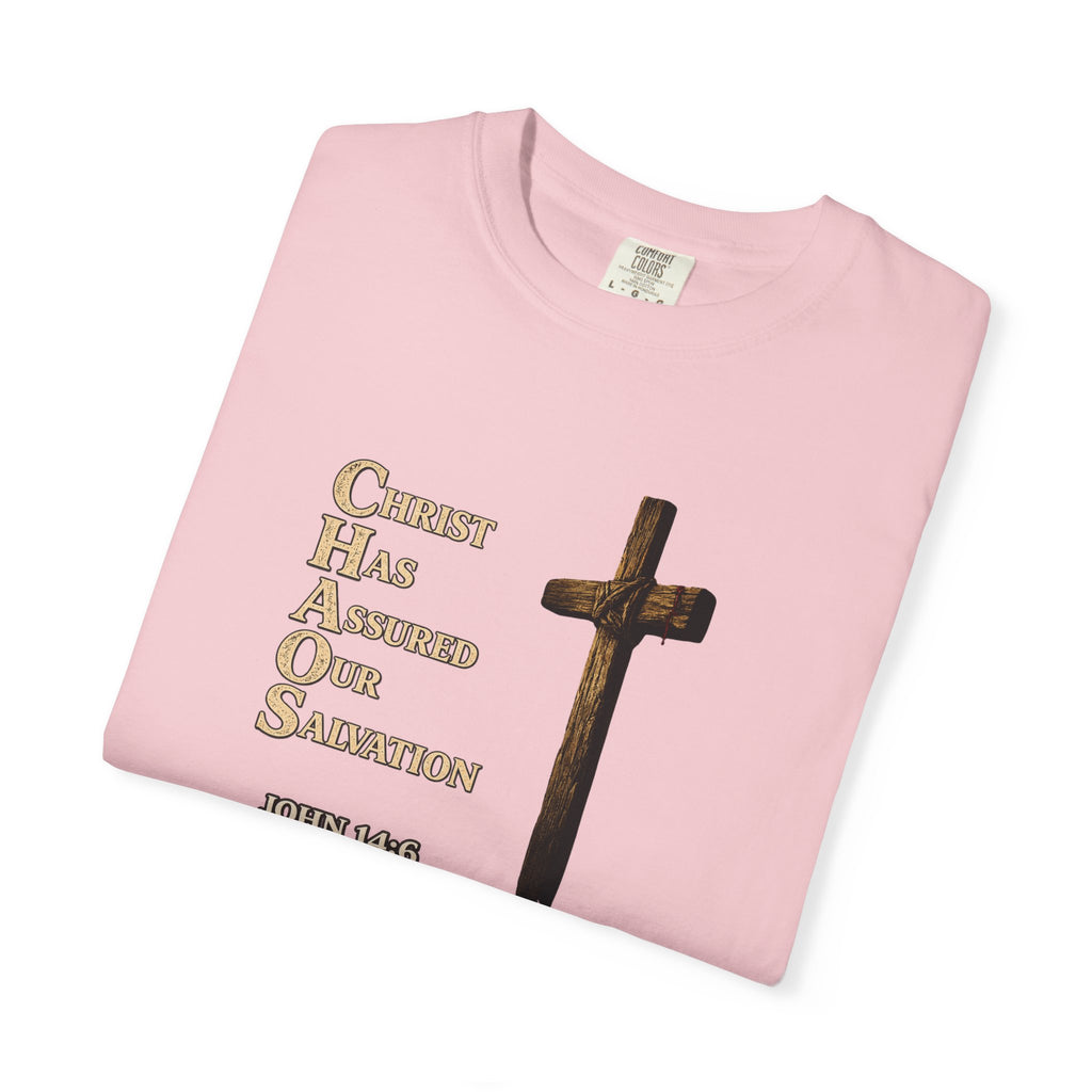 Christian Cross T-Shirt — "Christ Has Answered Our Salvation" Faith Tee (Back: "Full Armor of God")