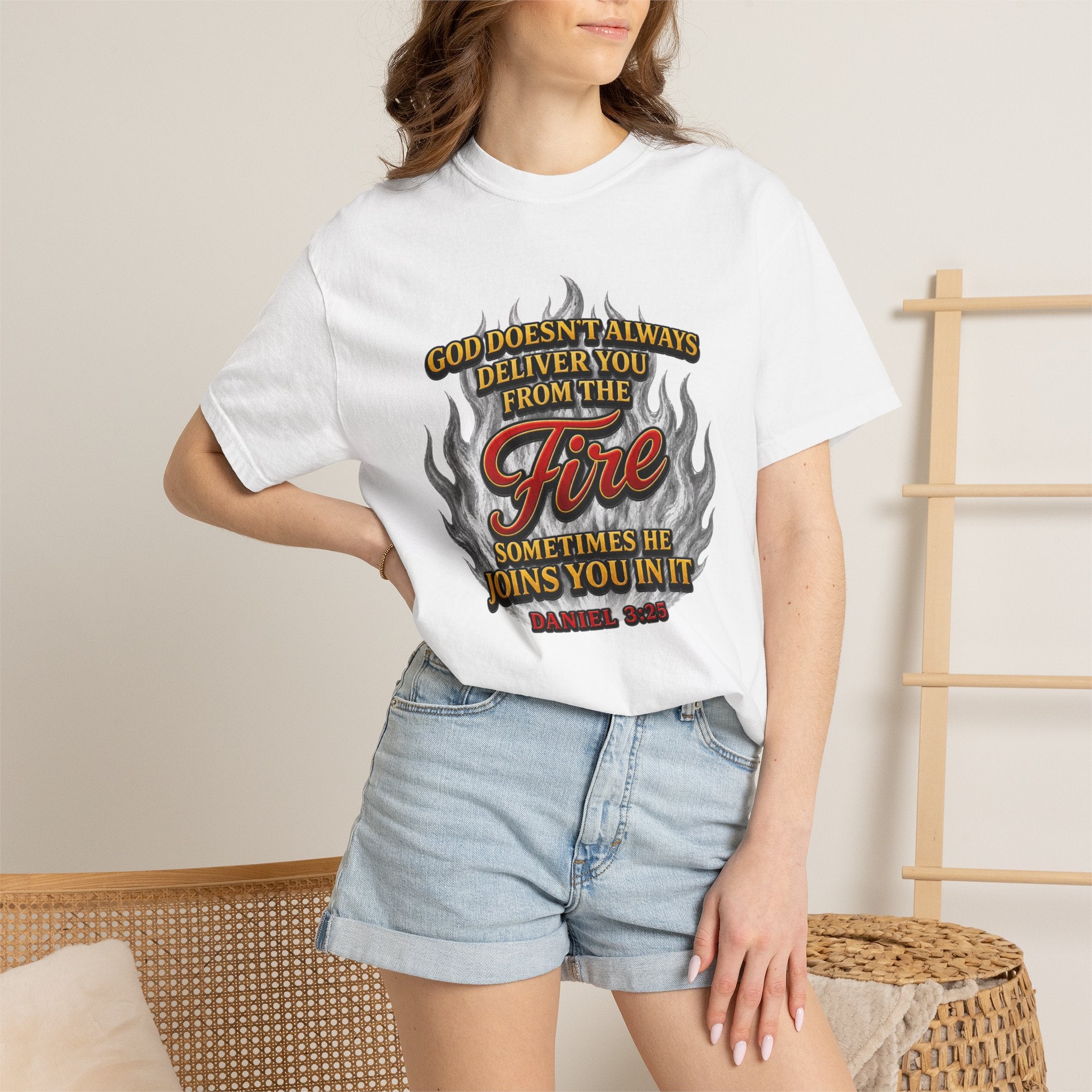Christian Flame T-Shirt — "God Doesn’t Always Deliver You From the Fire" Faith Tee