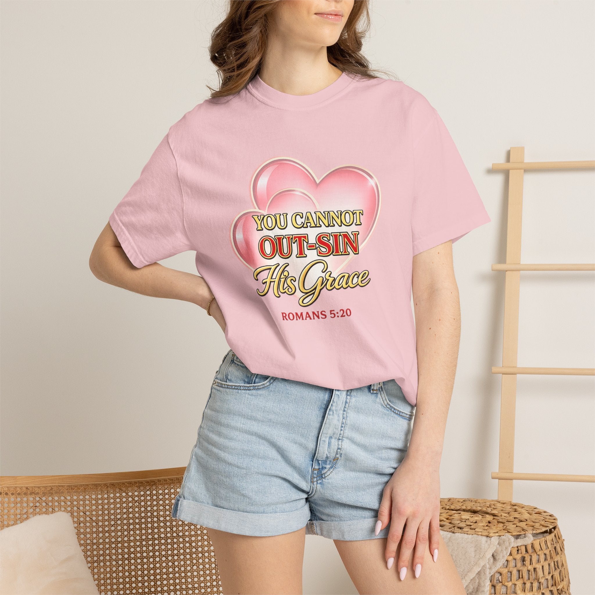 Christian Heart T-Shirt — "You Cannot Out-Sin His Grace" (Romans 5:20)