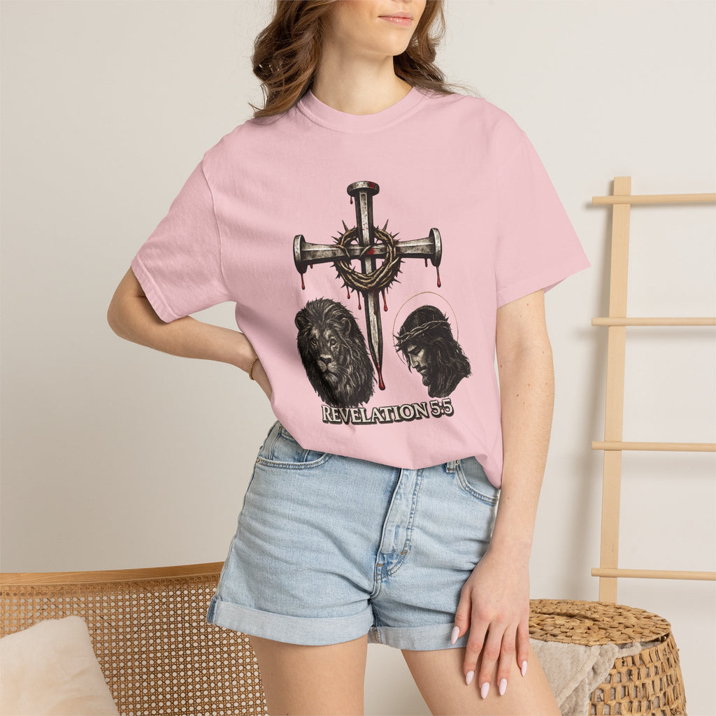 Revelation 5:5 Christian T-Shirt — Lion & Lamb Cross Design