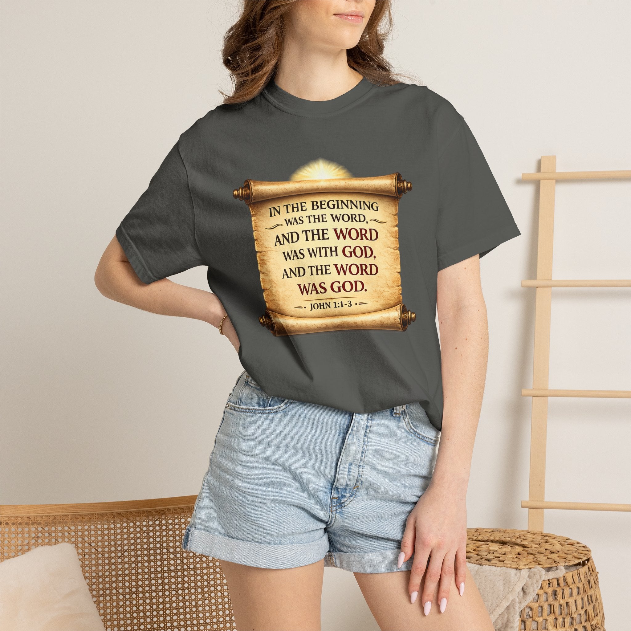 T-shirt — "In the Beginning Was the Word" John 1:1 Scroll Christian Tee