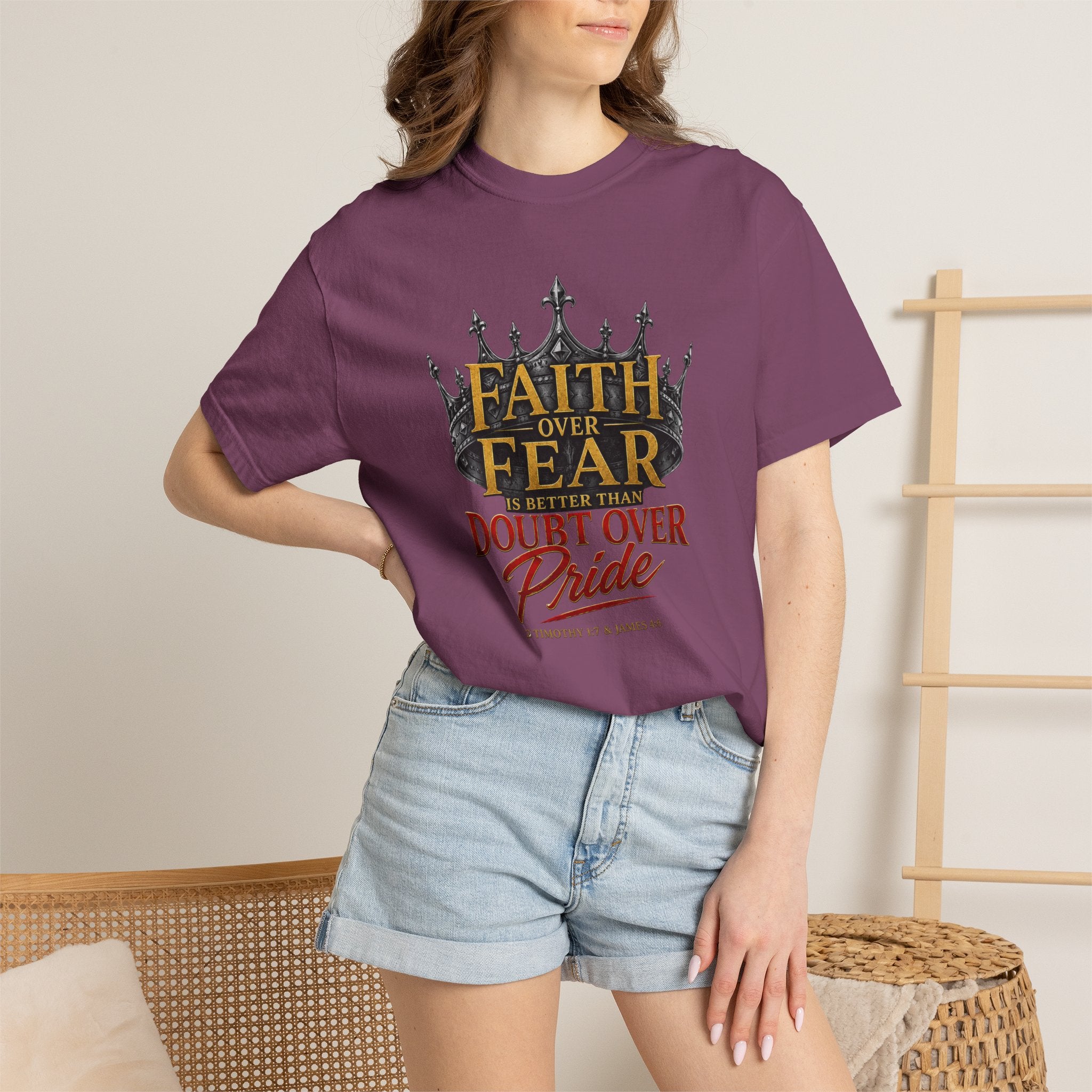 Faith Over Fear Crown T-Shirt – Christian Inspirational Tee (Faith Over Fear, Doubt Over Pride)