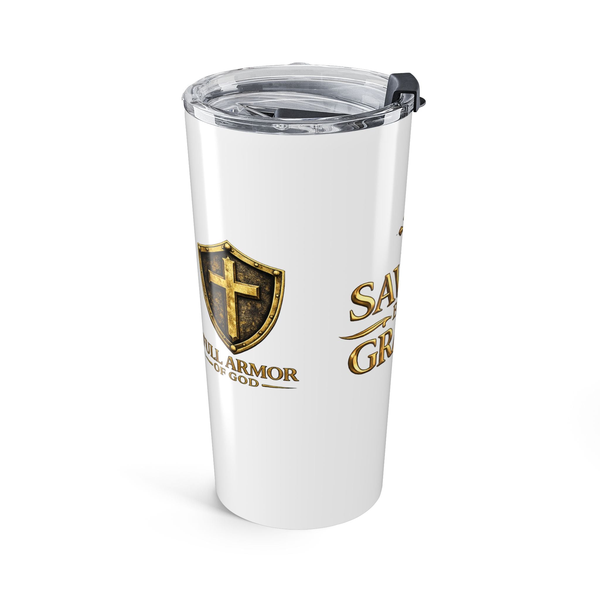 Saved by Grace 20oz Christian Tumbler — Faith Quote & Shield Design