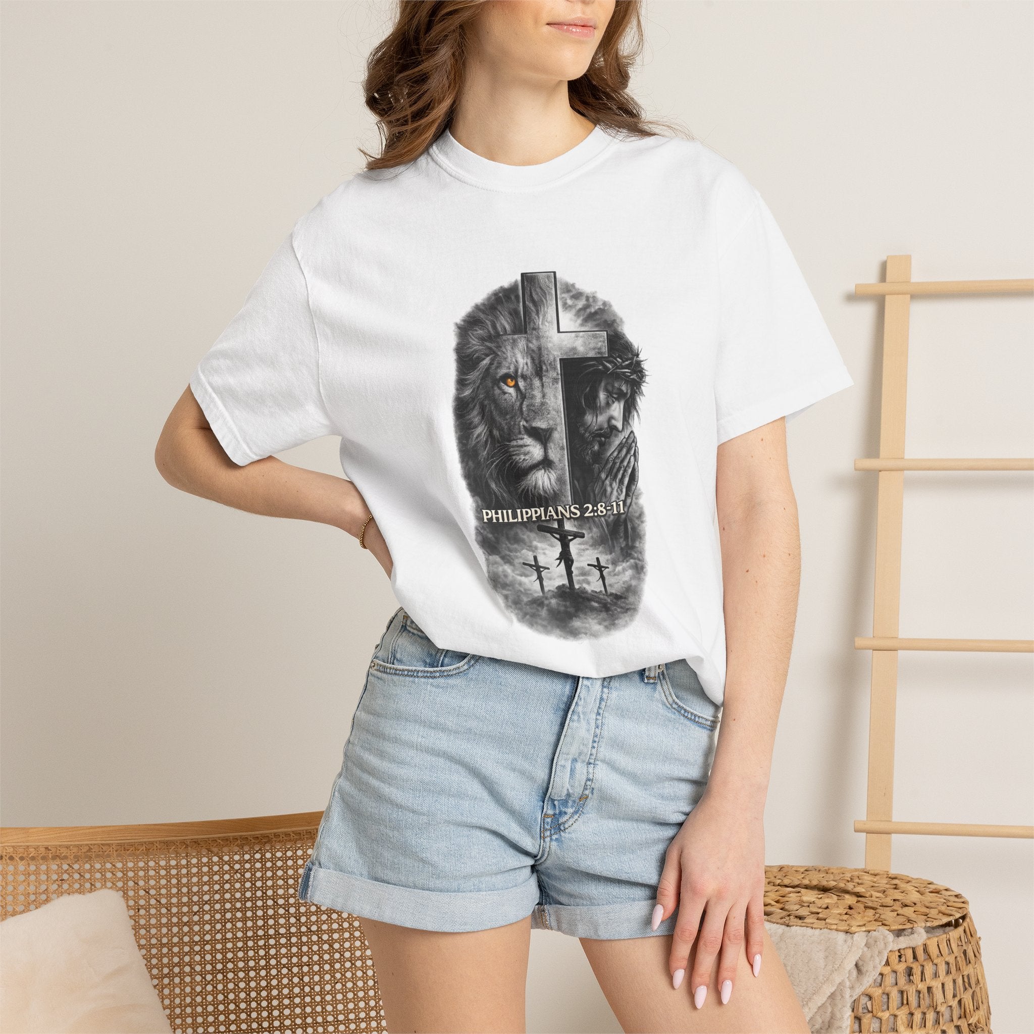 Christian Lion Cross T-Shirt — Philippians 2:8 Faith Graphic Tee