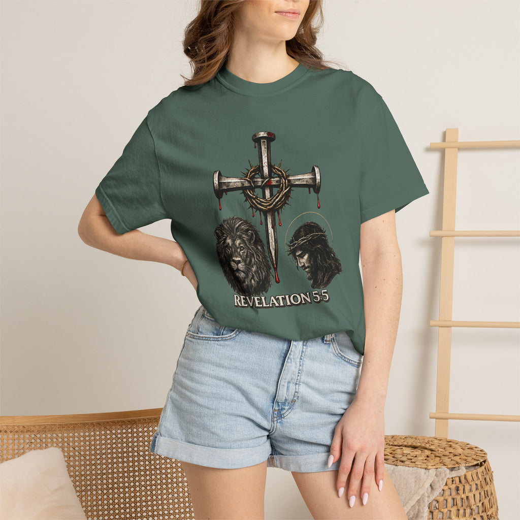 Revelation 5:5 Christian T-Shirt — Lion & Lamb Cross Design