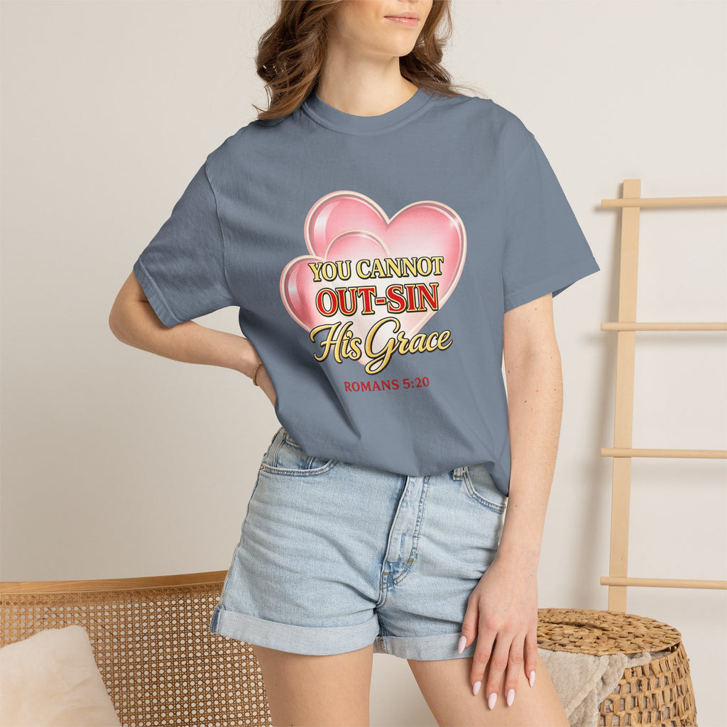 Christian Heart T-Shirt — "You Cannot Out-Sin His Grace" (Romans 5:20)