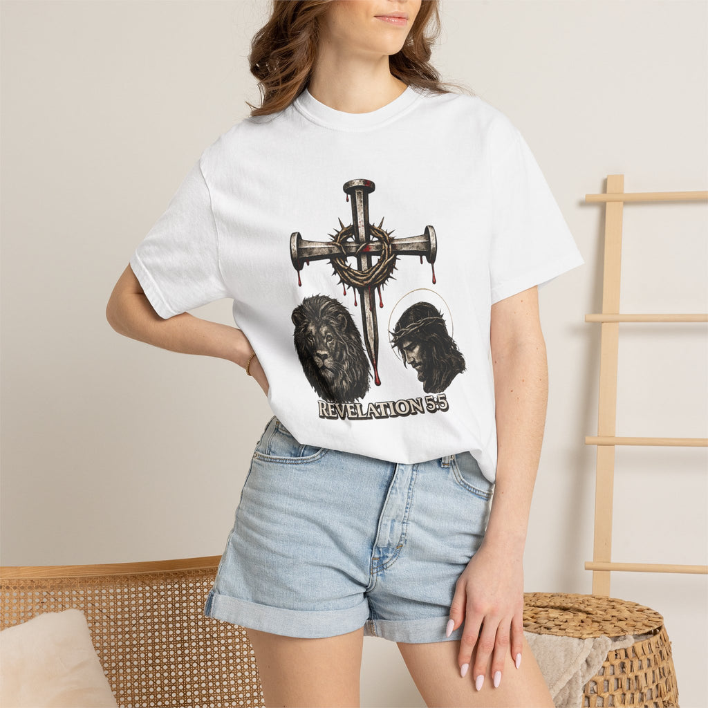 Revelation 5:5 Christian T-Shirt — Lion & Lamb Cross Design