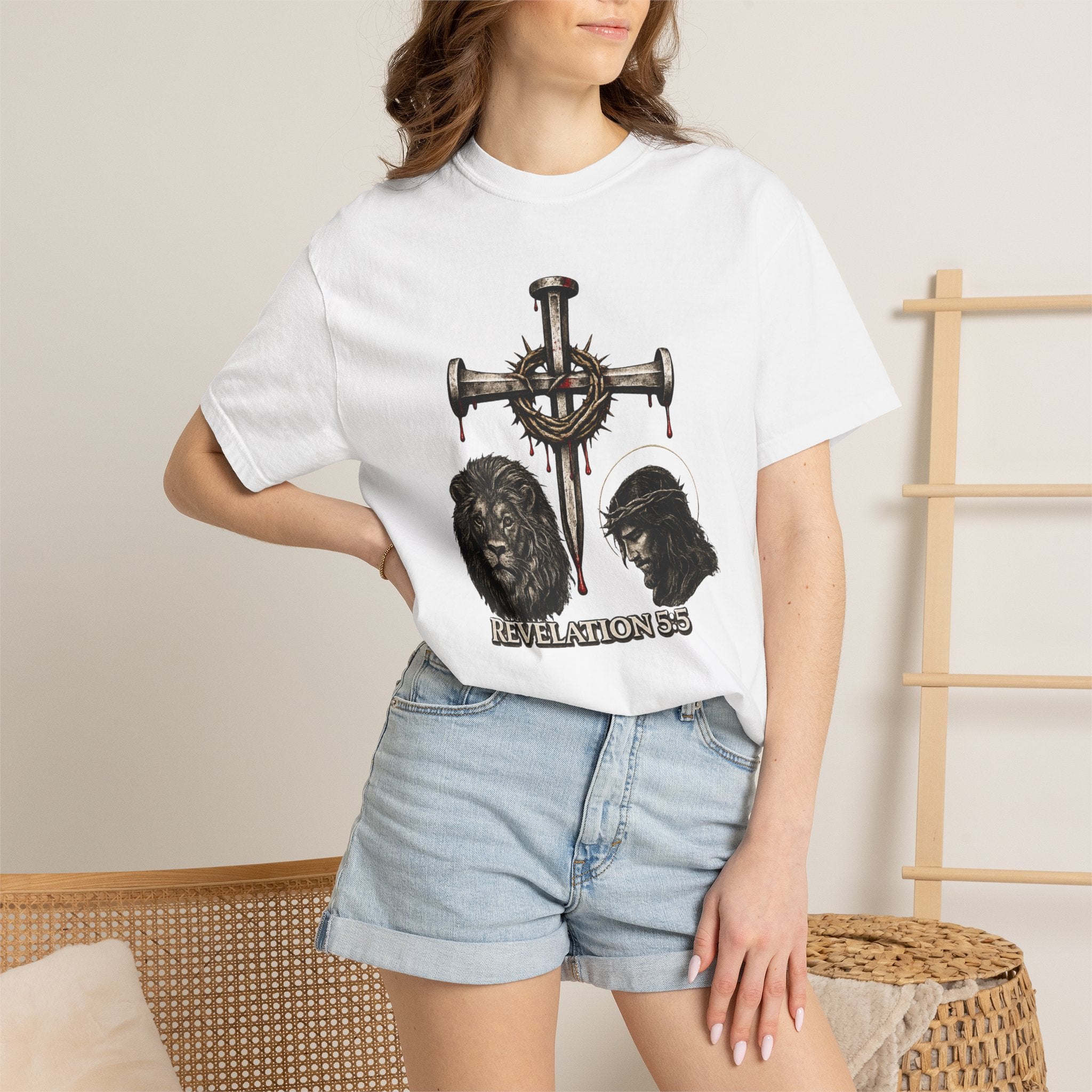 Revelation 5:5 Christian T-Shirt — Lion & Lamb Cross Design