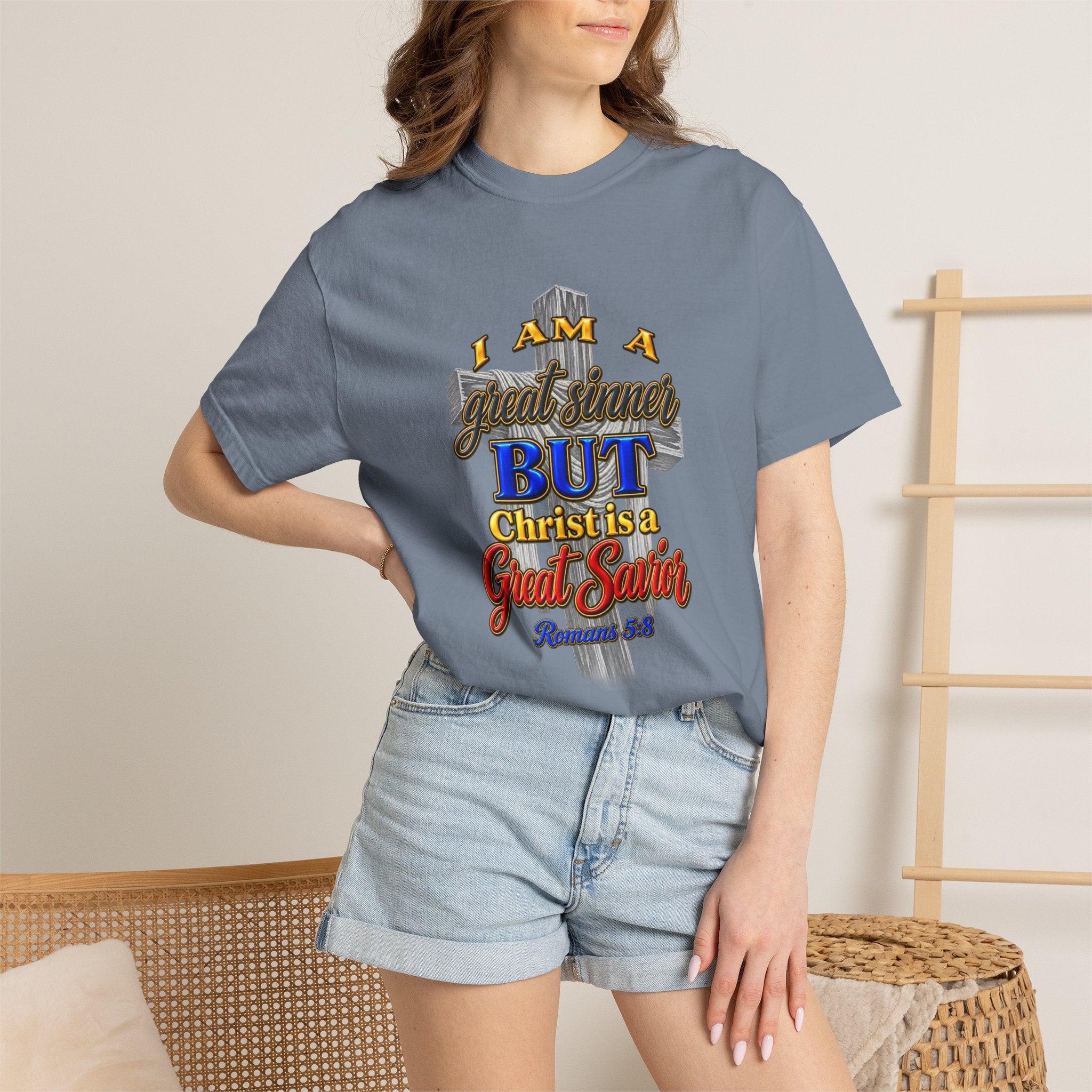 Christian Graphic T-Shirt — "I Am A Great Sinner But Christ Is A Great Savior" (Full Armor of God)