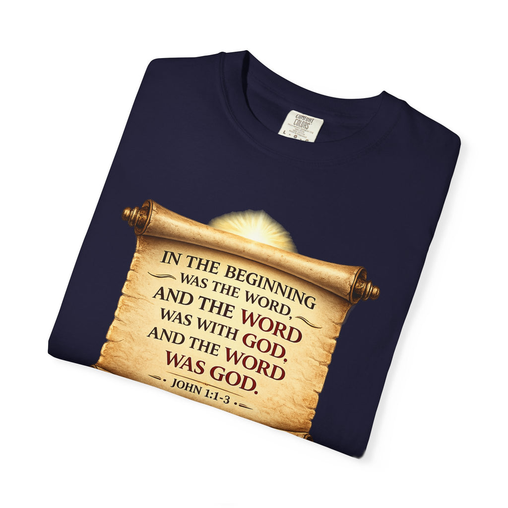 T-shirt — "In the Beginning Was the Word" John 1:1 Scroll Christian Tee